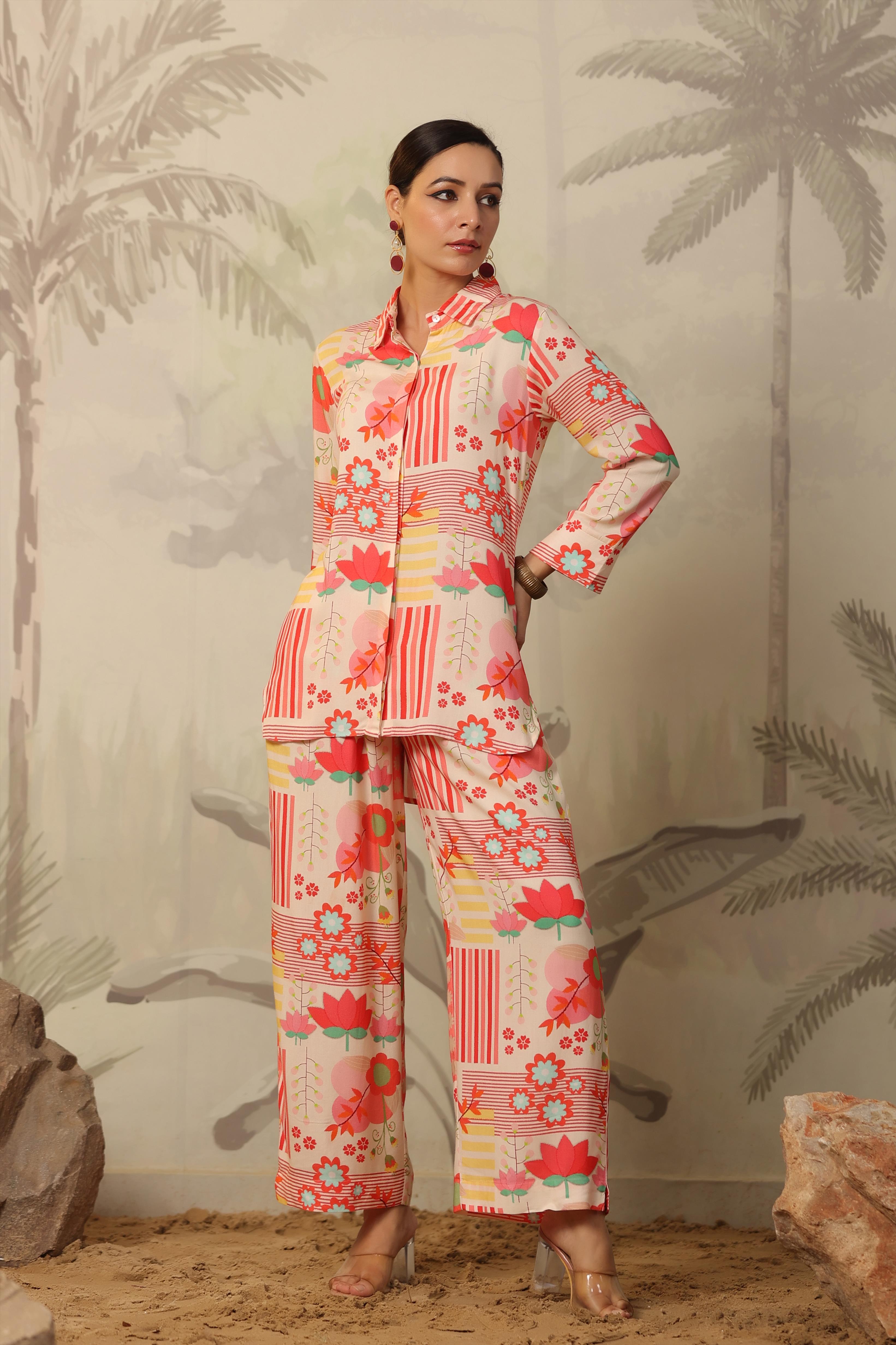 Peach Rayon Floral Print Co-Ord Set