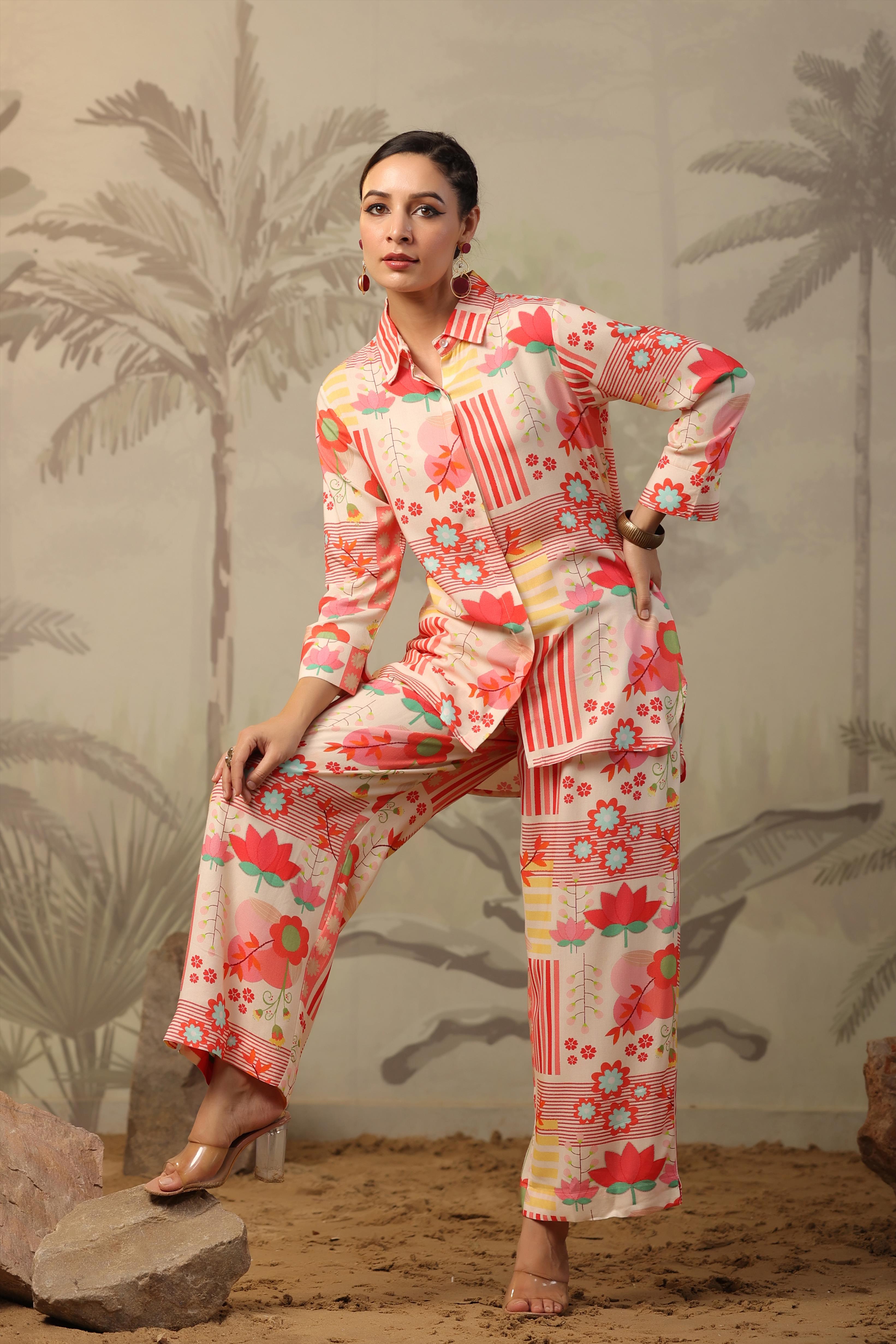 Peach Rayon Floral Print Co-Ord Set