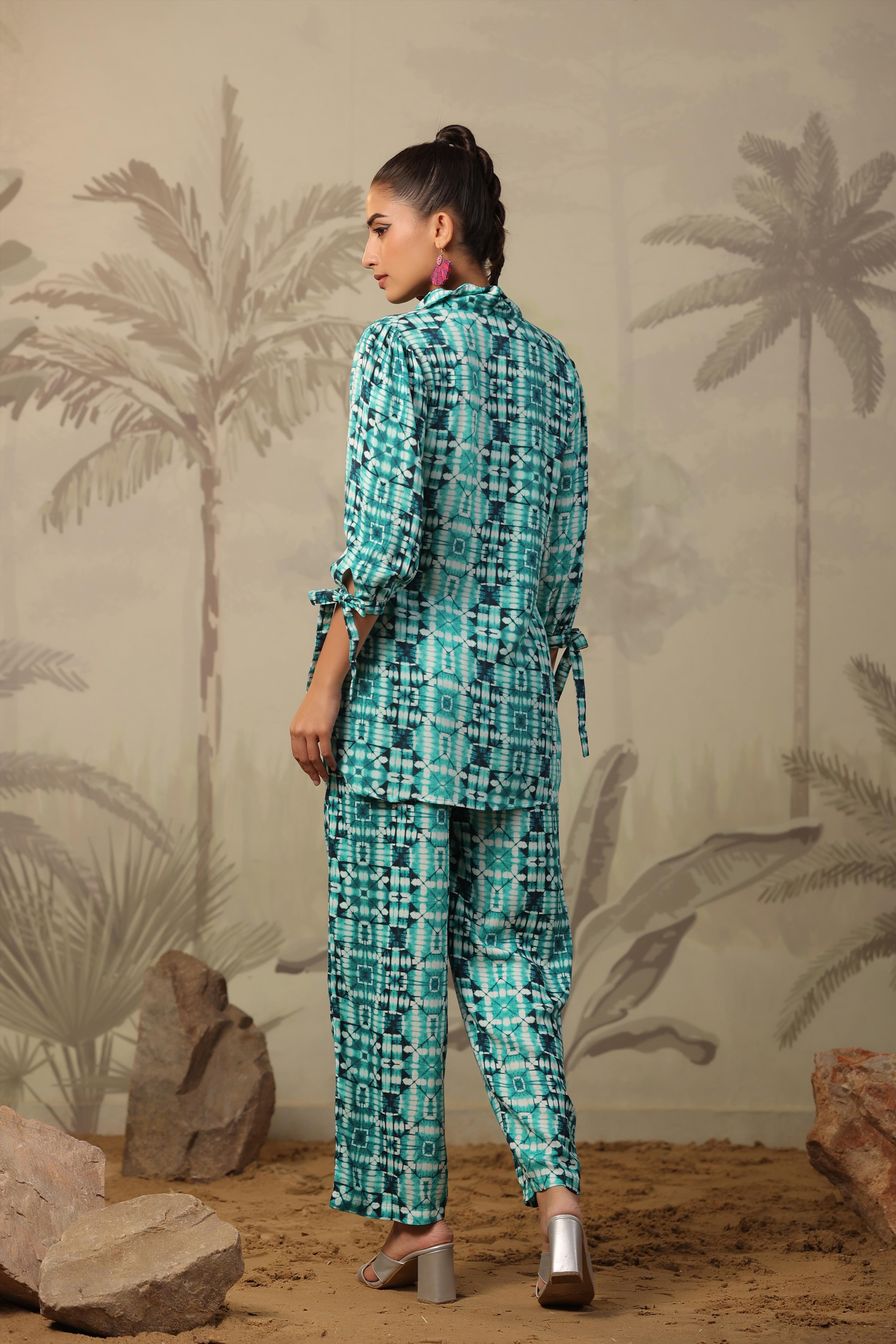 Turquoise Rayon Shibori Print Co-Ord Set