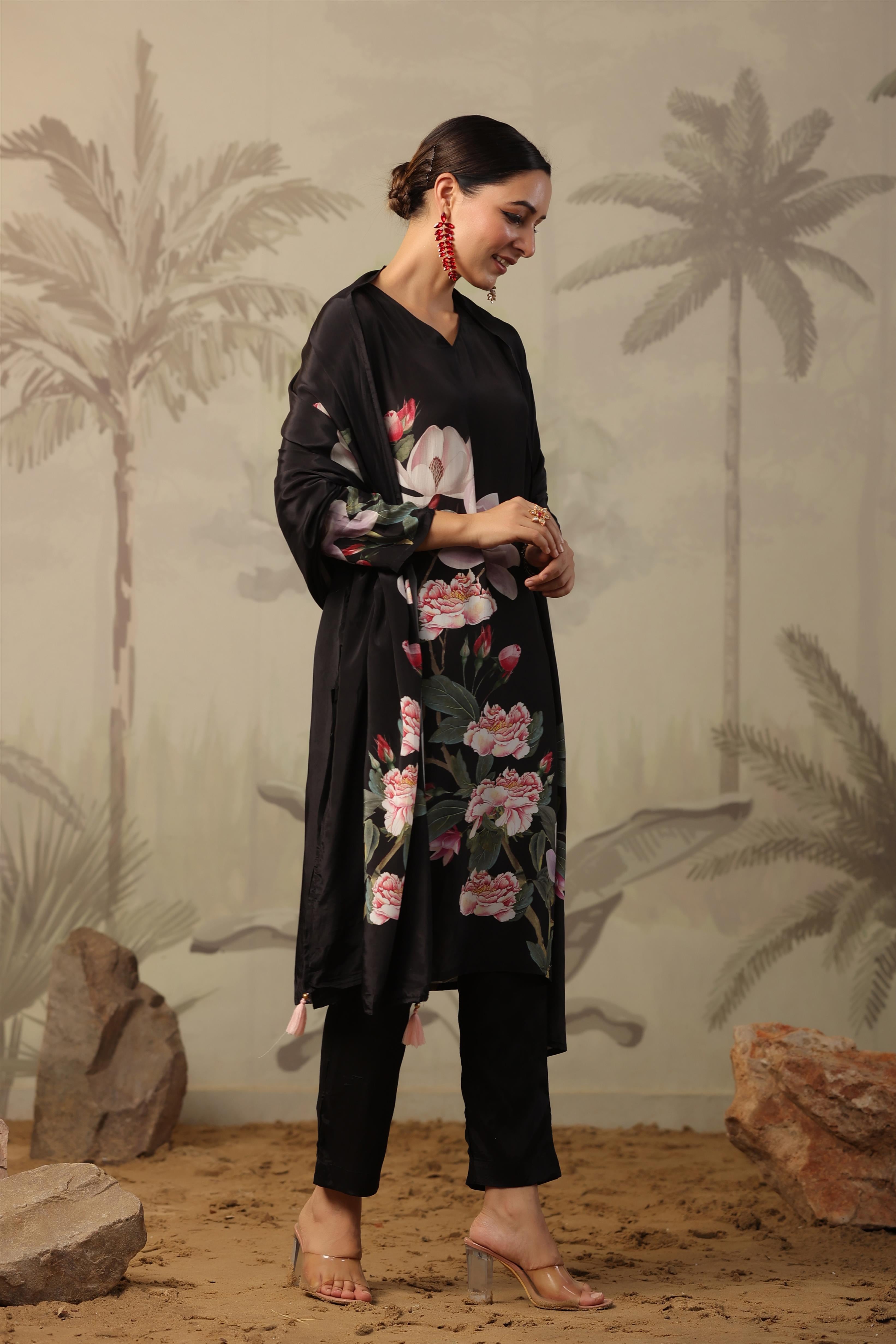 Black Crepe Floral Print Suit Set