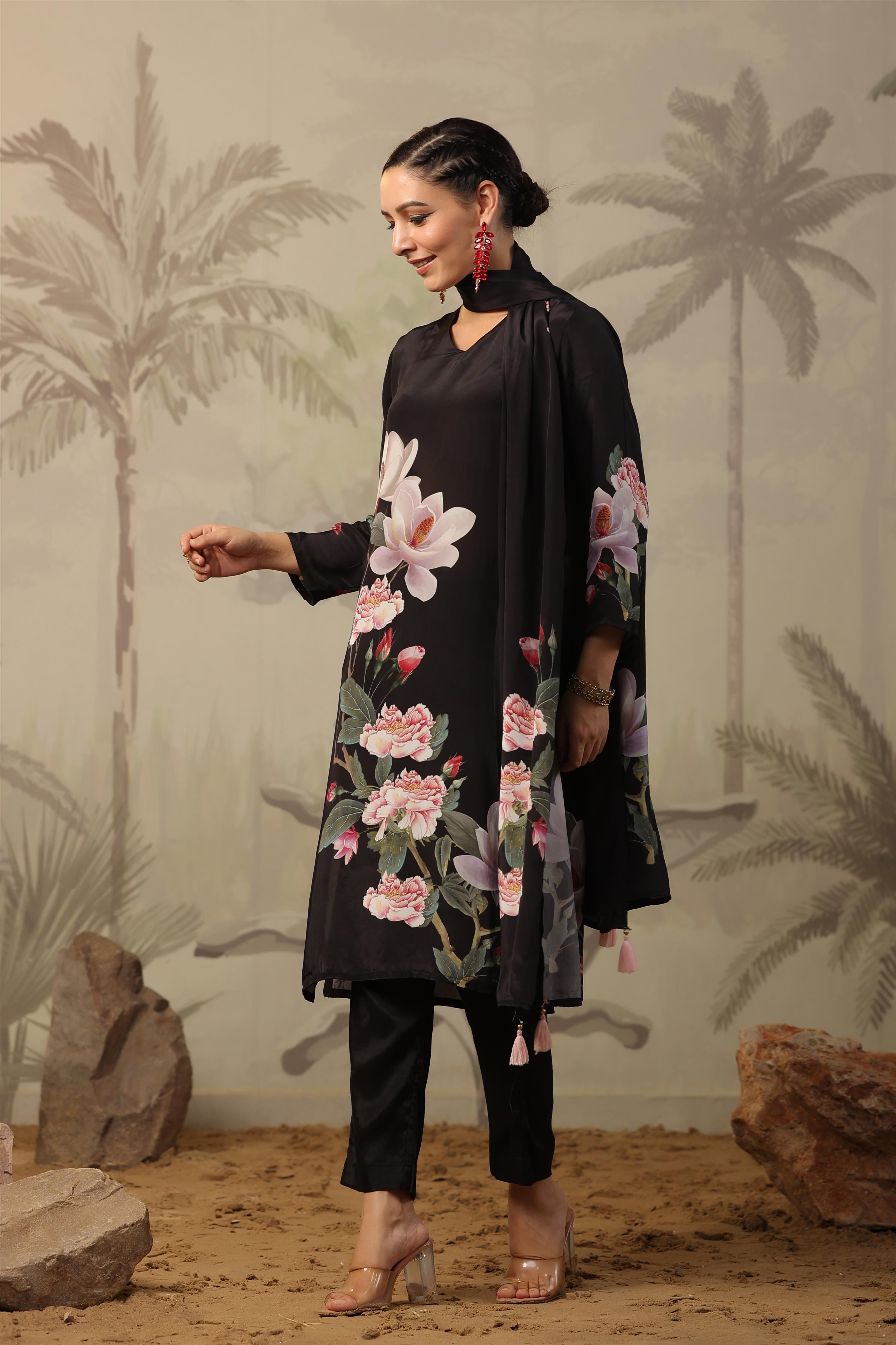 Black Crepe Floral Print Suit Set