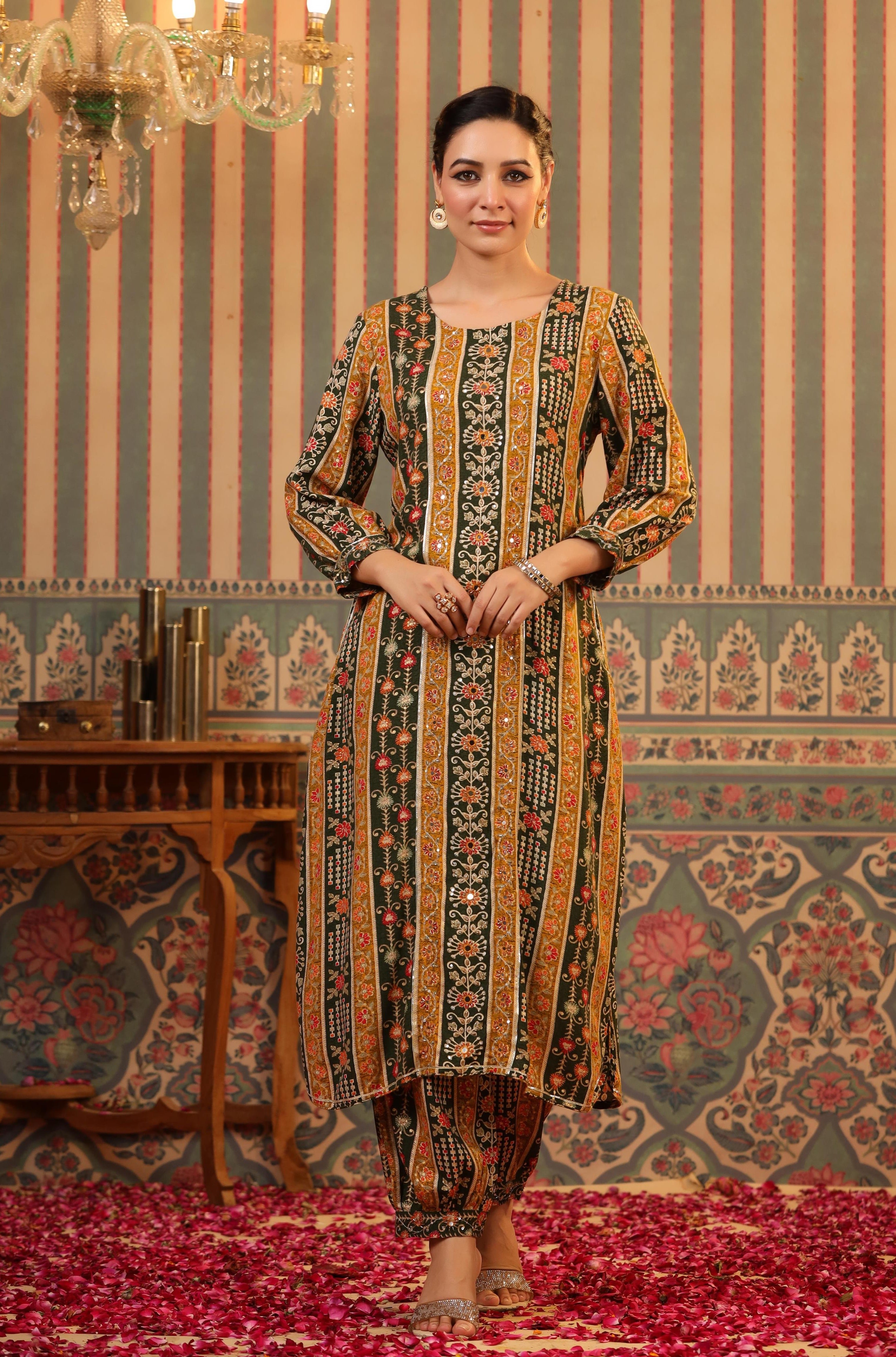 Mustard Rayon Floral Foil Print Pathani Suit Set