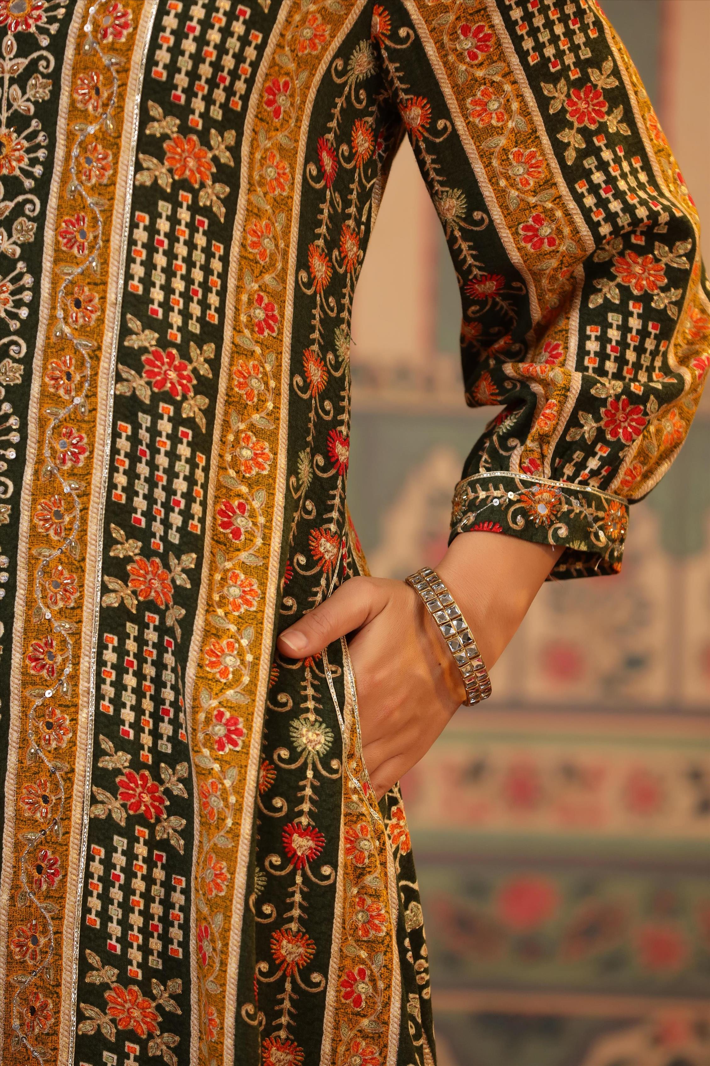 Mustard Rayon Floral Foil Print Pathani Suit Set