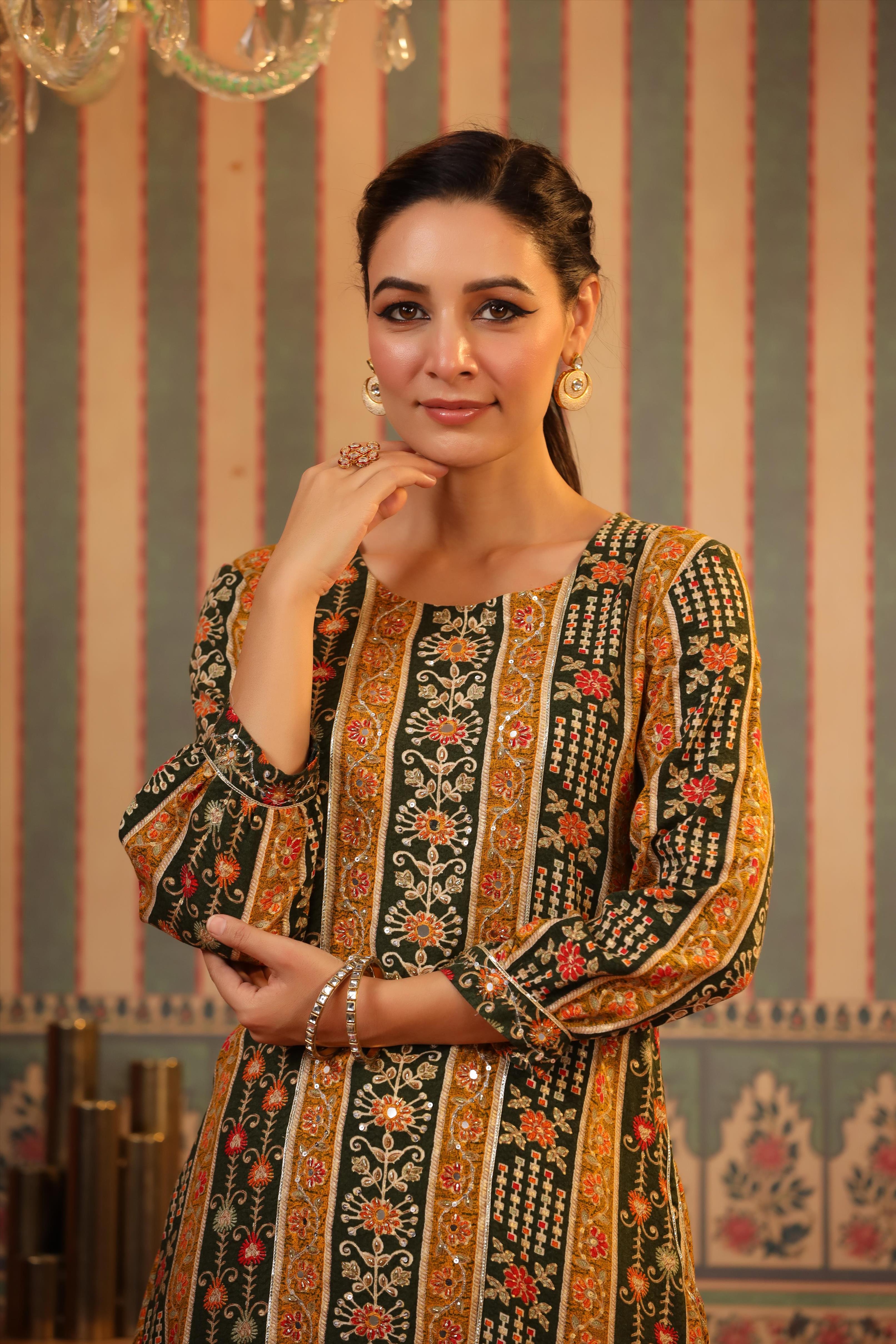 Mustard Rayon Floral Foil Print Pathani Suit Set