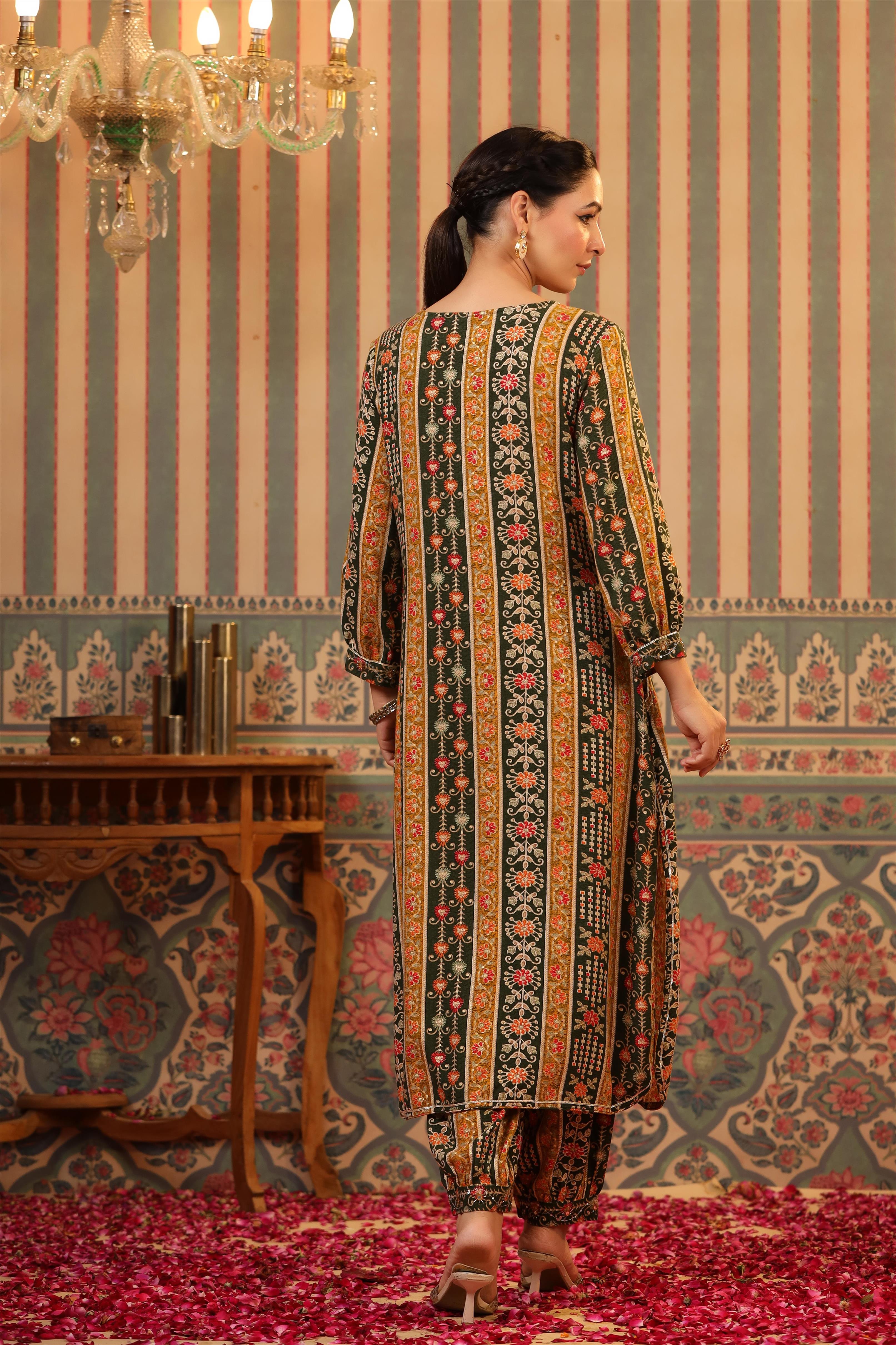 Mustard Rayon Floral Foil Print Pathani Suit Set