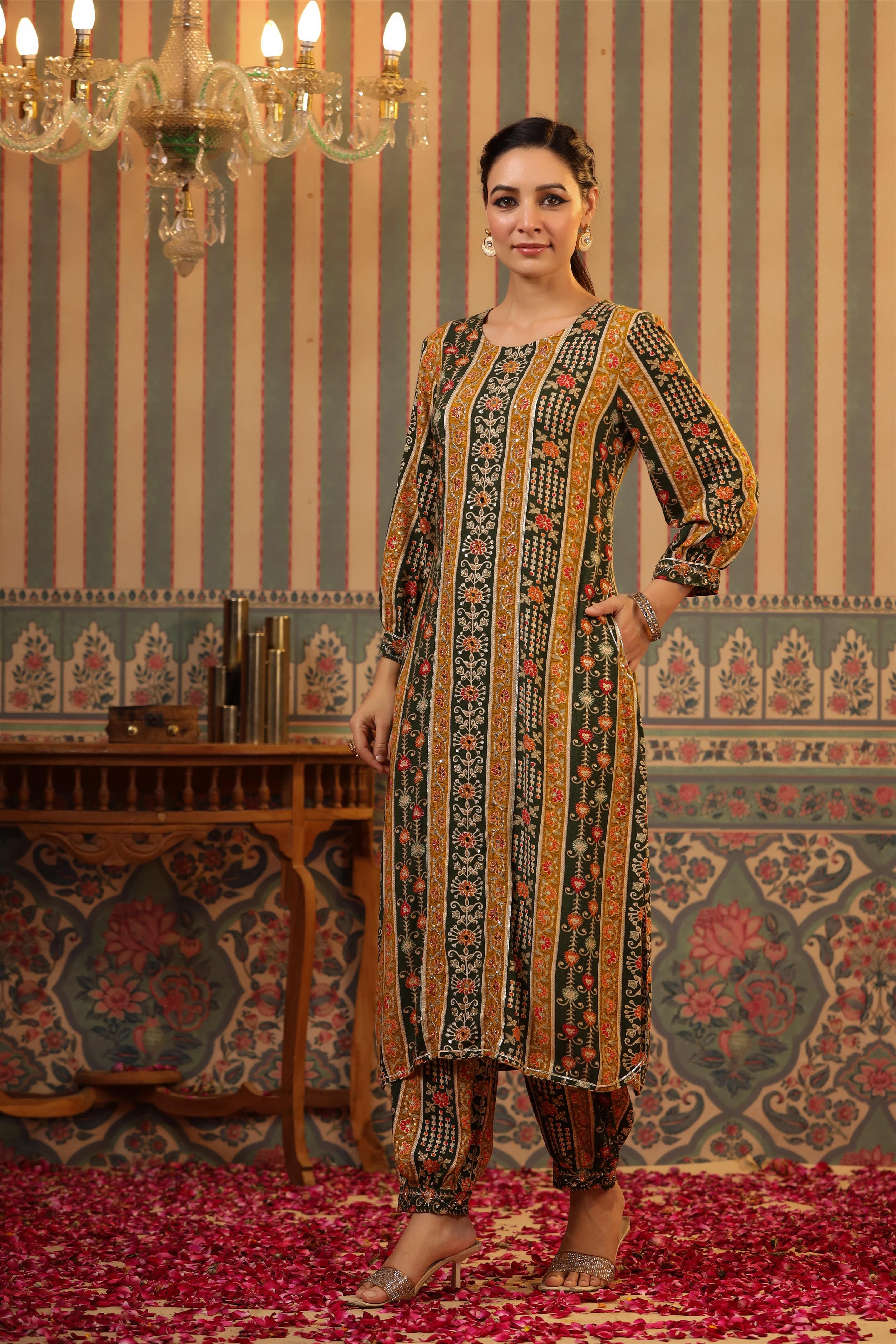 Mustard Rayon Floral Foil Print Pathani Suit Set