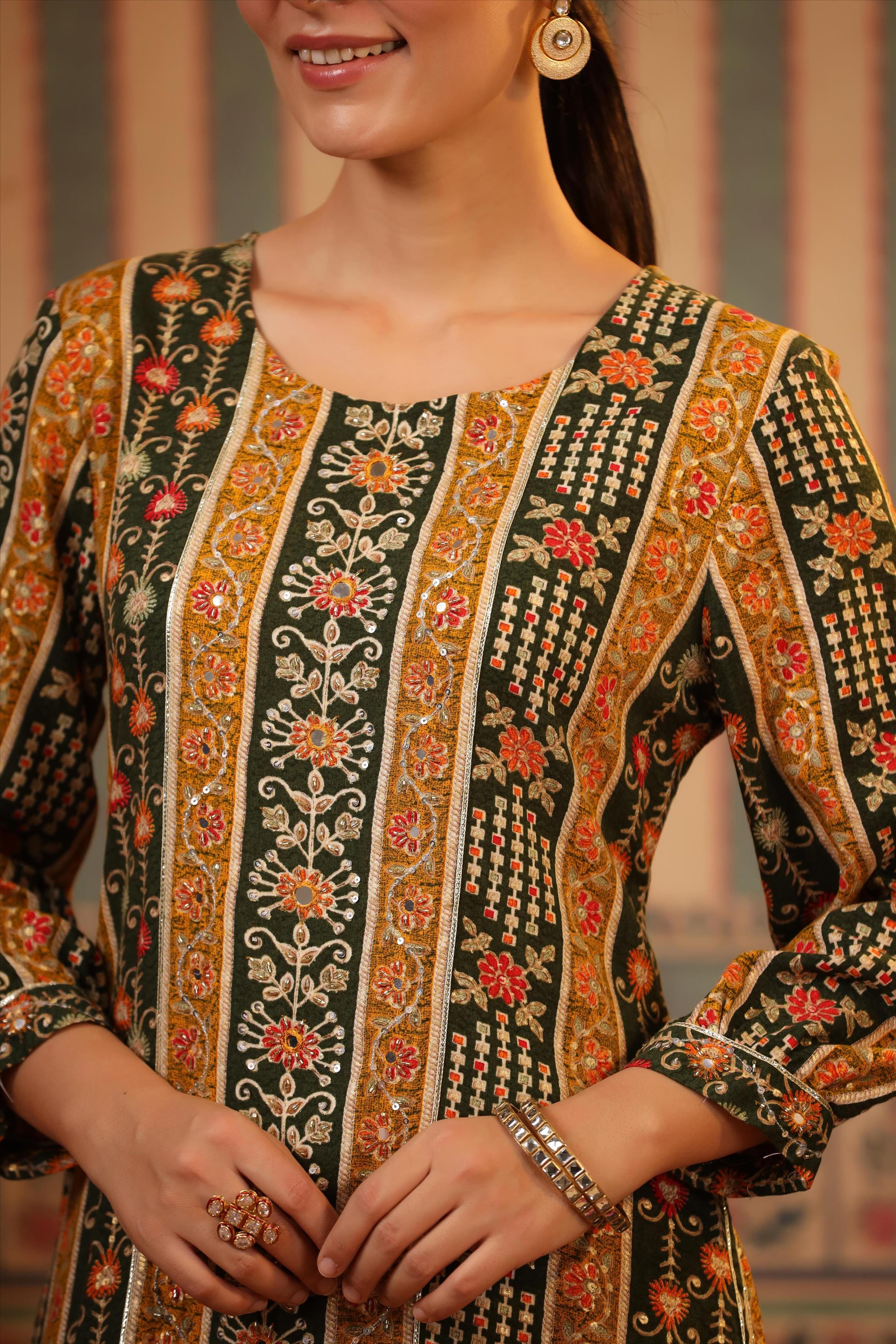 Mustard Rayon Floral Foil Print Pathani Suit Set