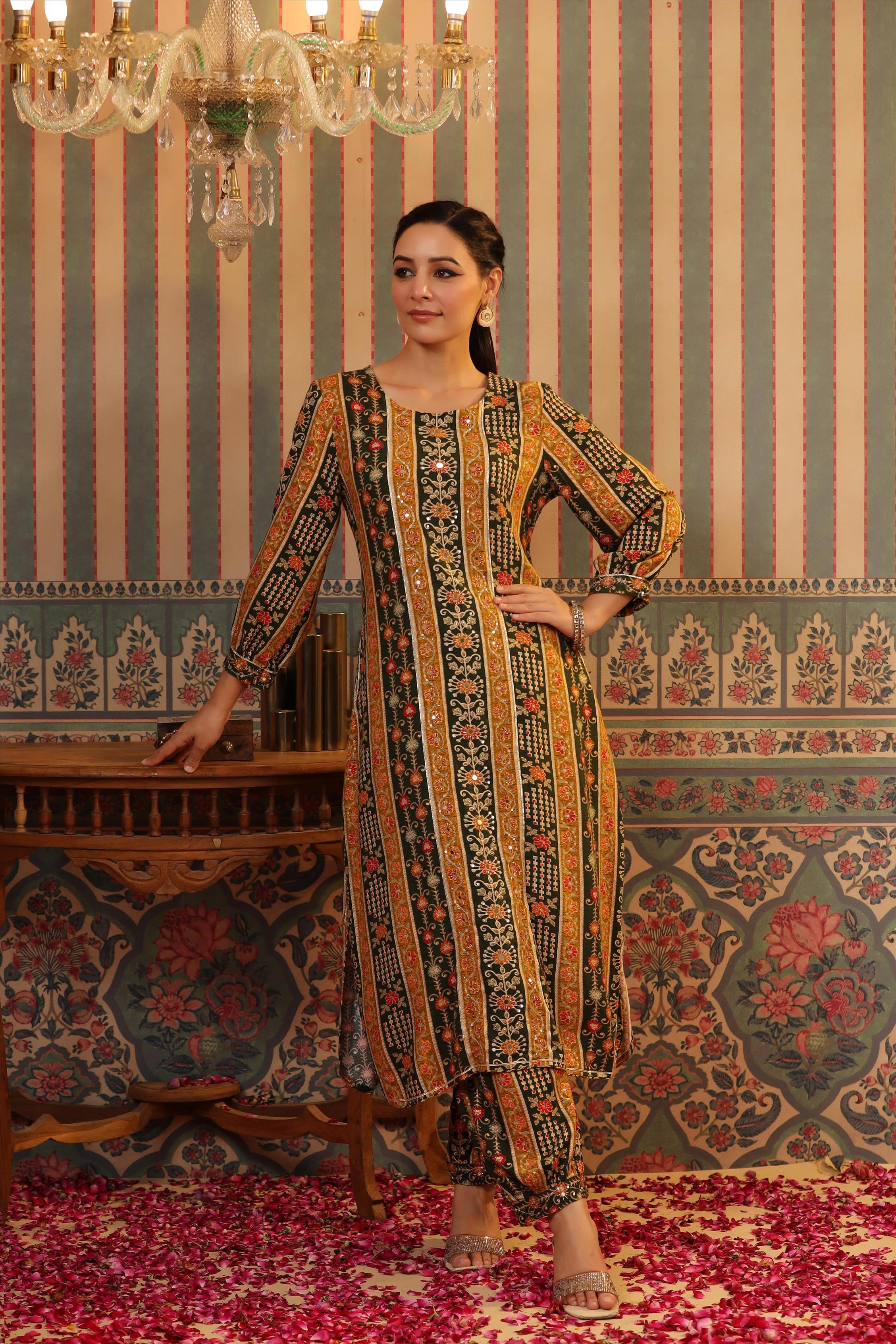 Mustard Rayon Floral Foil Print Pathani Suit Set