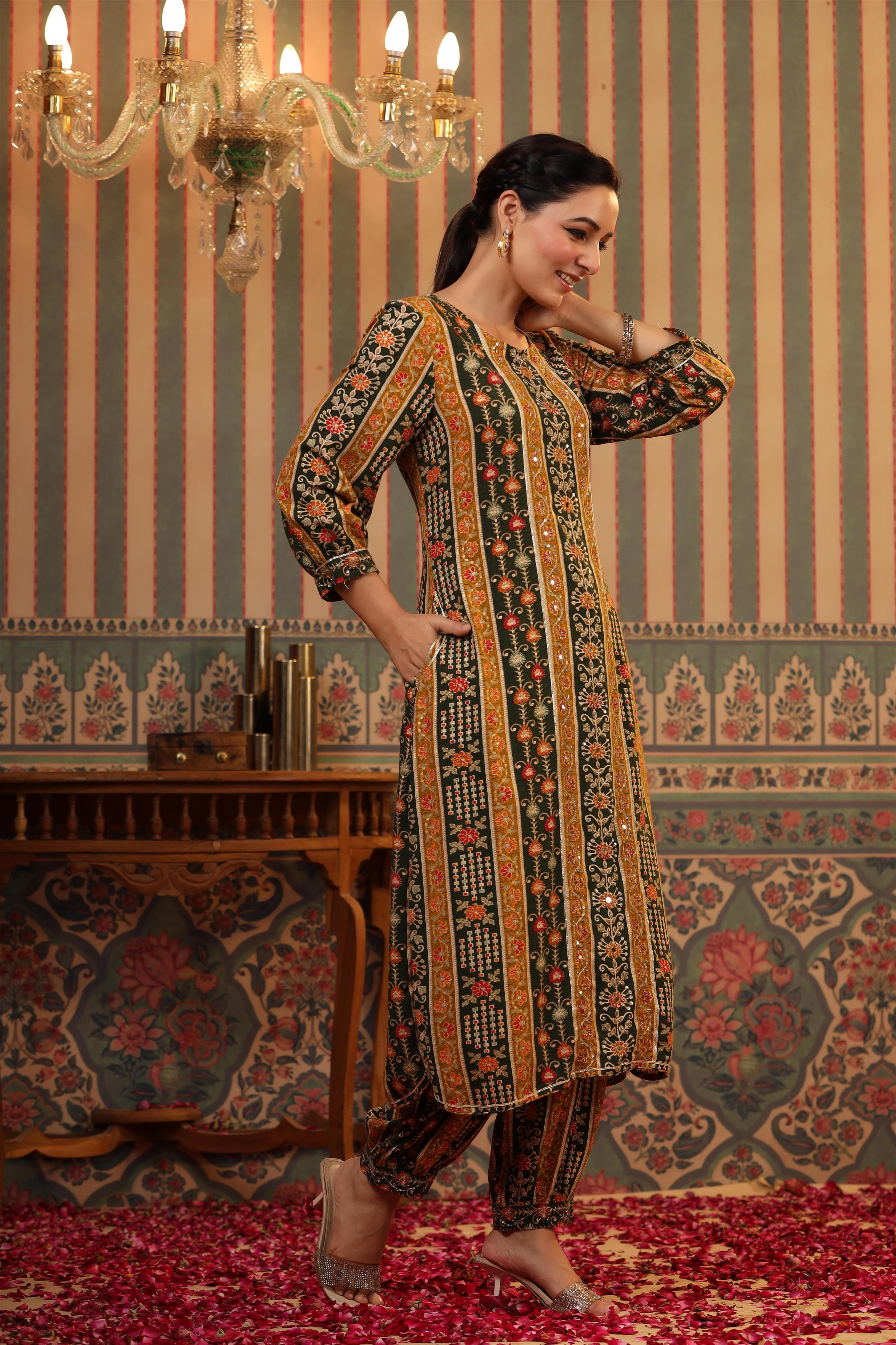 Mustard Rayon Floral Foil Print Pathani Suit Set
