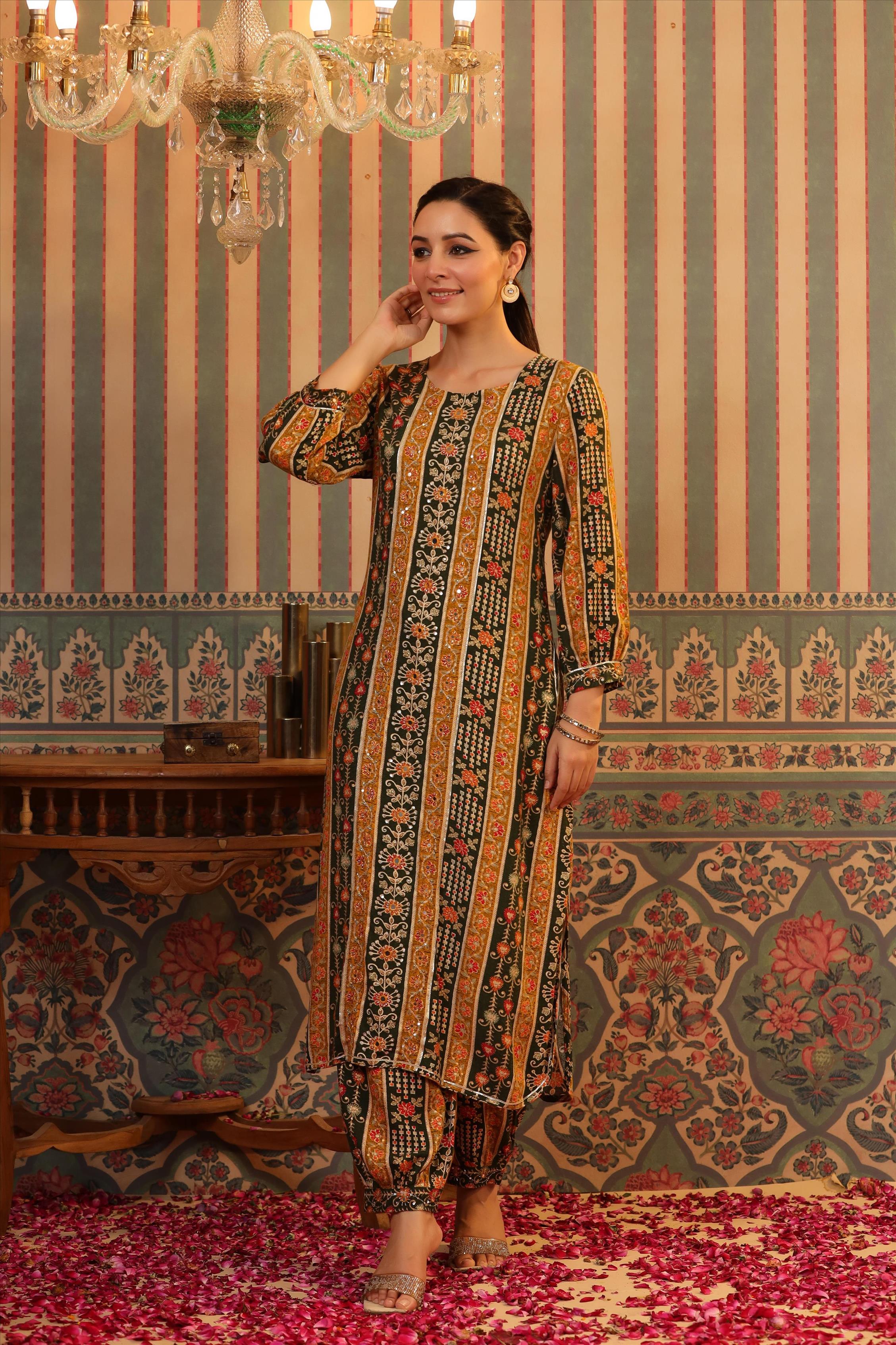 Mustard Rayon Floral Foil Print Pathani Suit Set