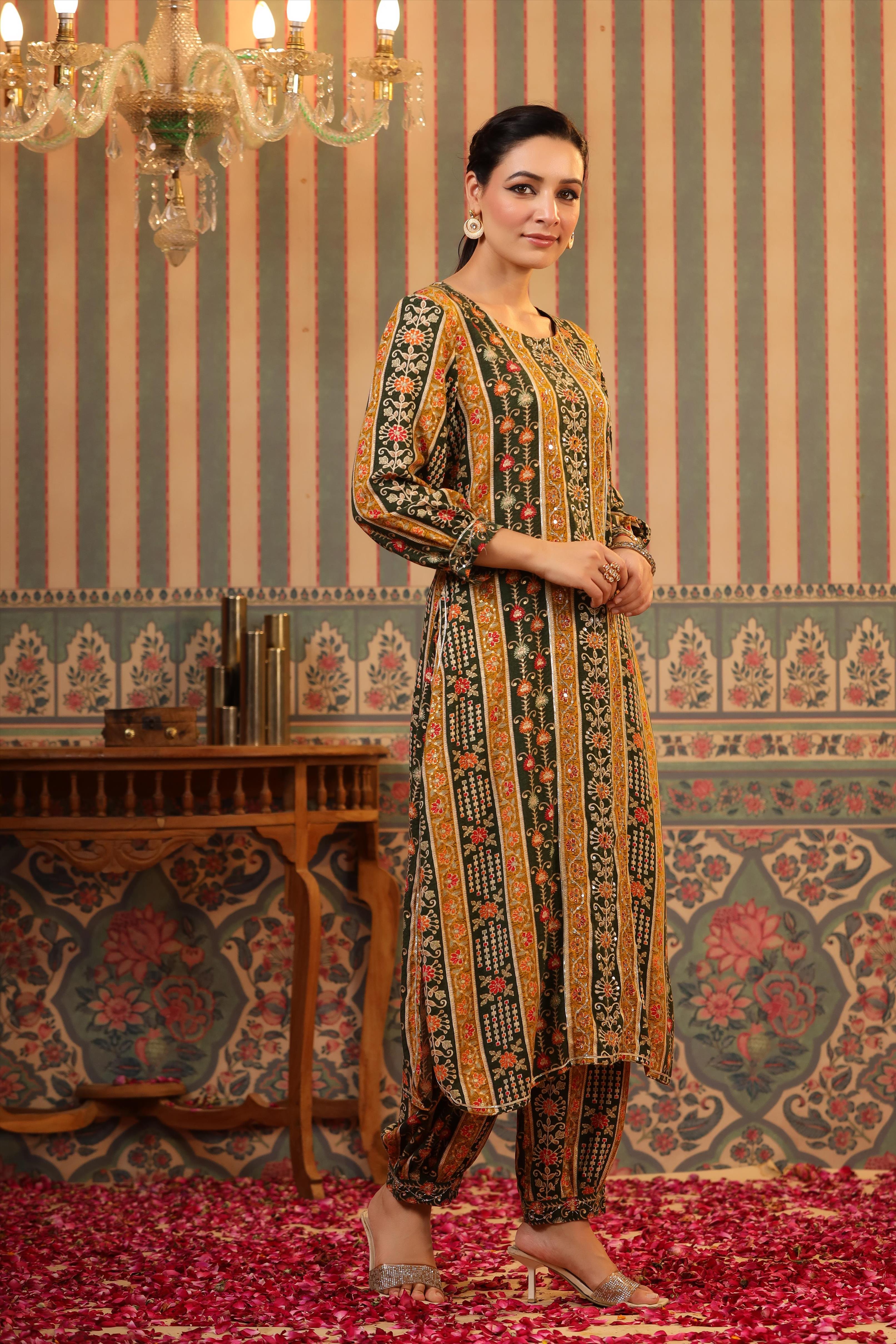Mustard Rayon Floral Foil Print Pathani Suit Set
