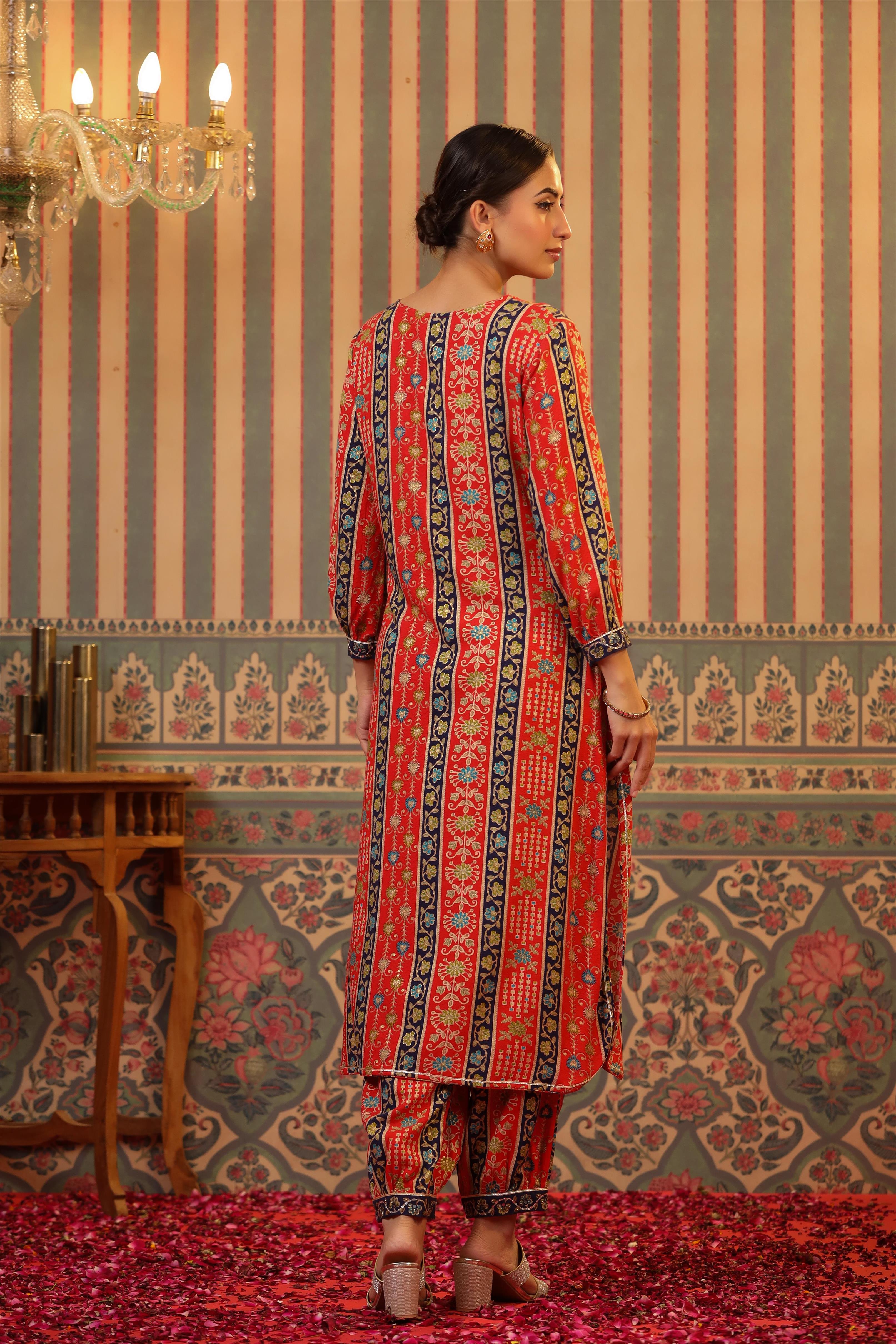Red Rayon Floral Foil Print Pathani Suit Set (2 Pc)