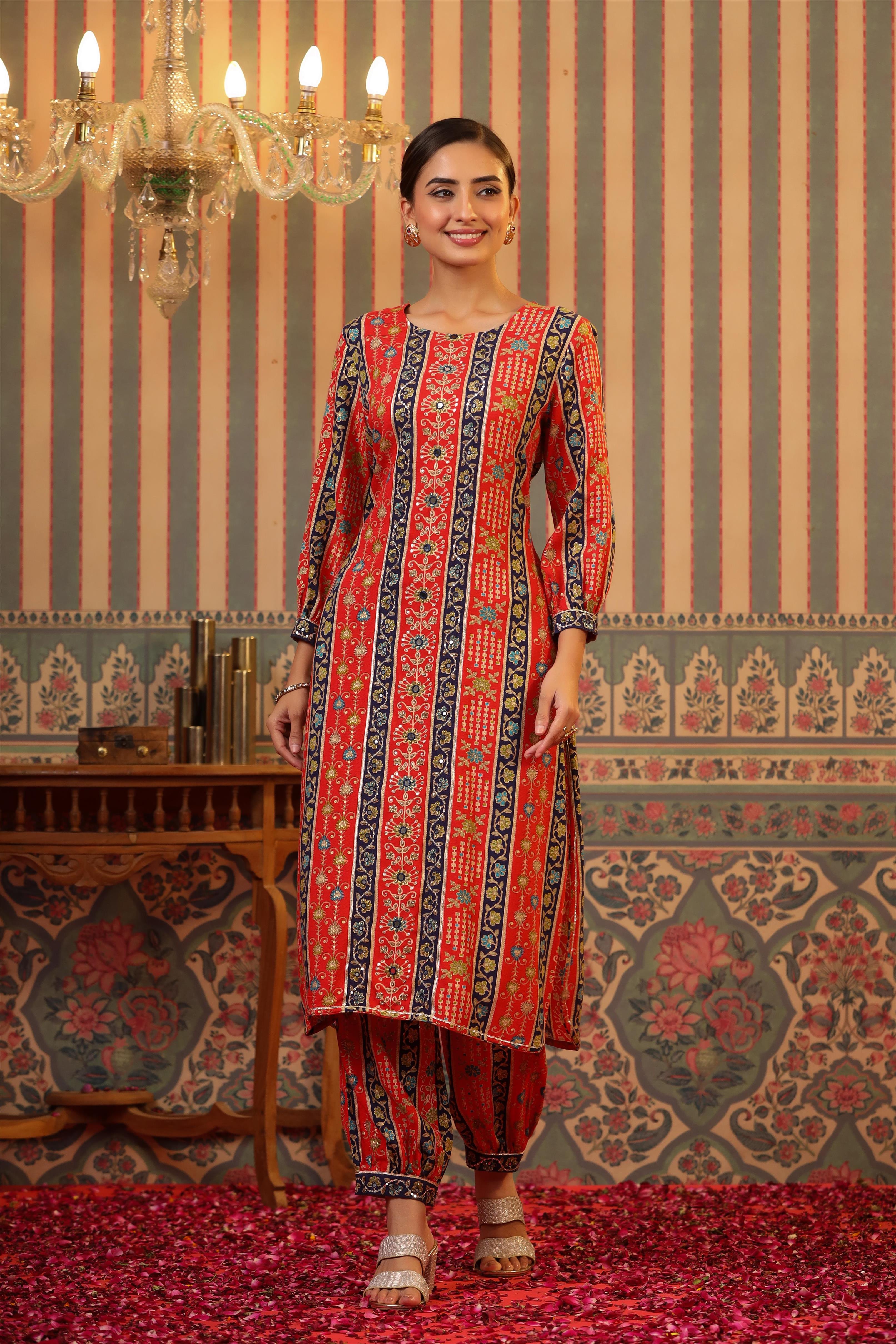 Red Rayon Floral Foil Print Pathani Suit Set (2 Pc)
