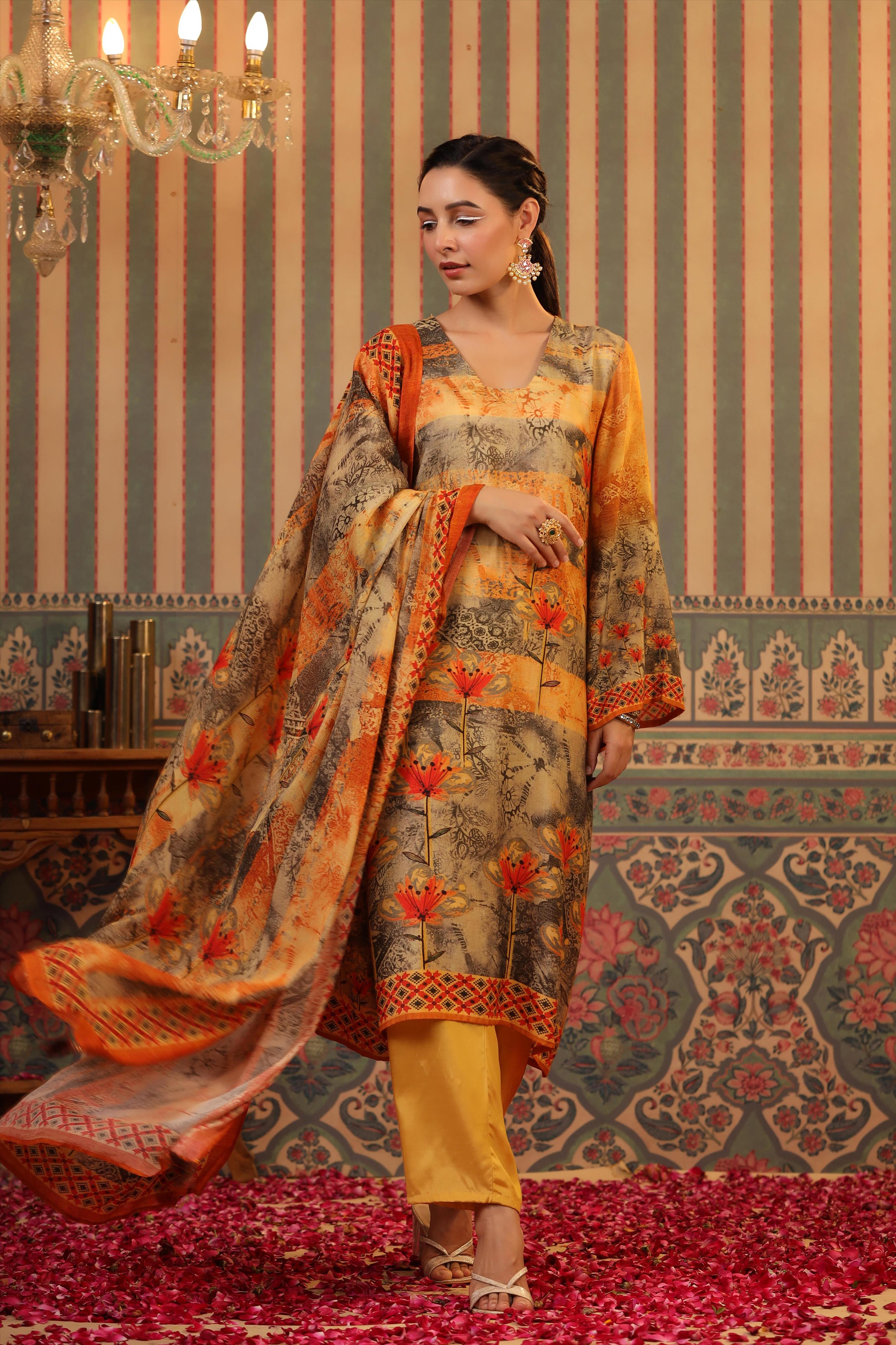 Mustard Crepe Silk Printed Pakistani Suit Set
