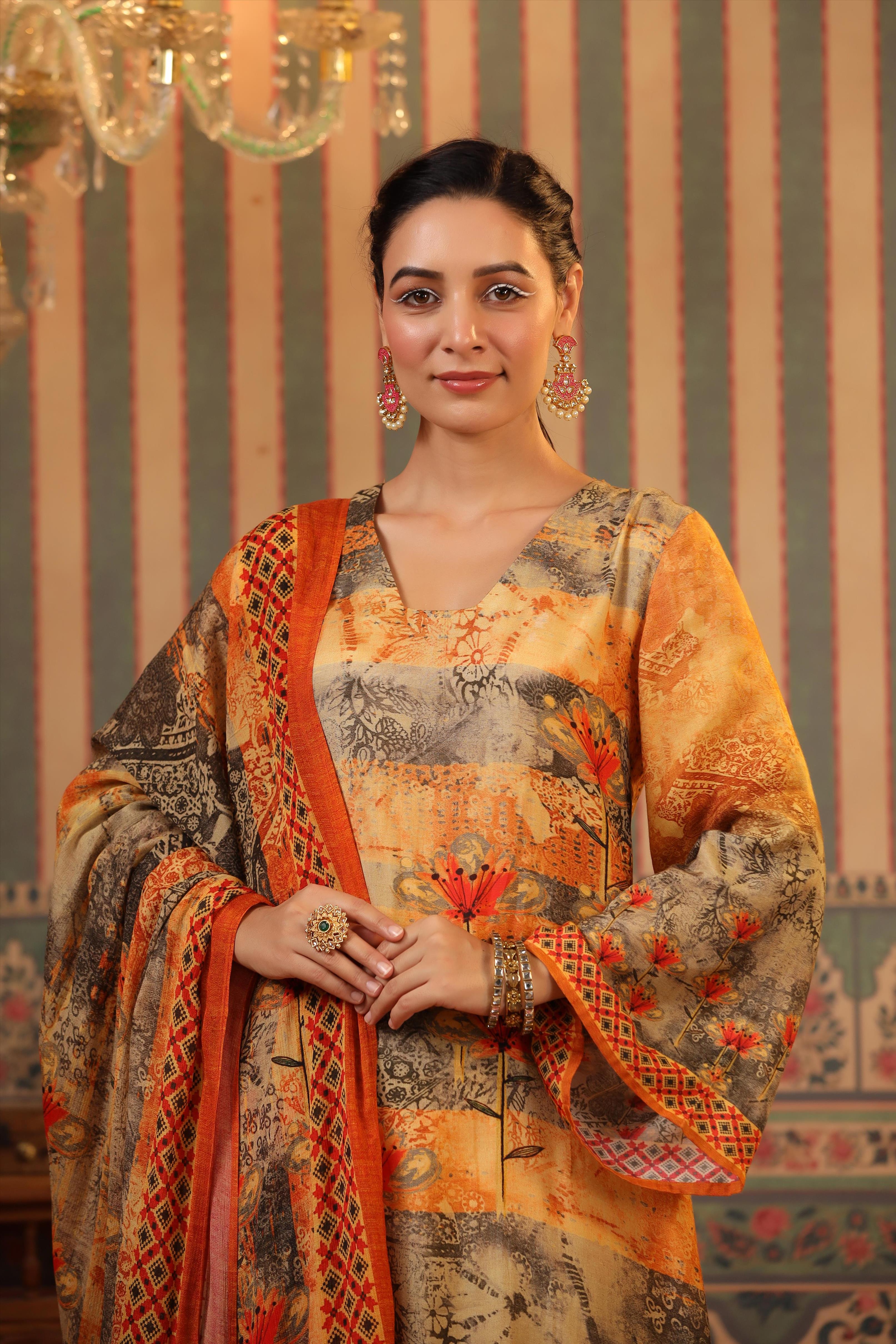 Mustard Crepe Silk Printed Pakistani Suit Set