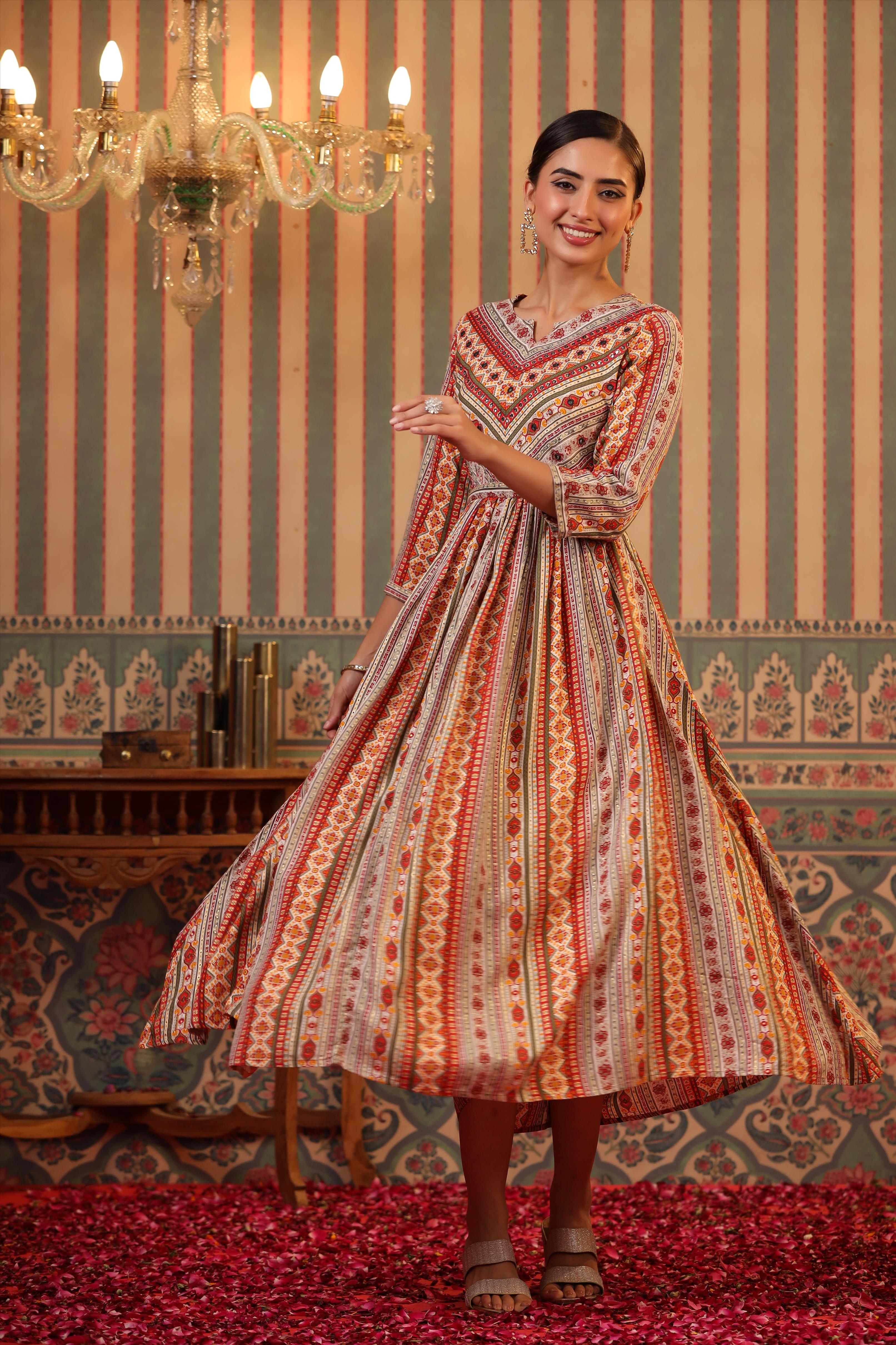 Cream Rayon Foil Print Gathered Ethnic Dress With Belt