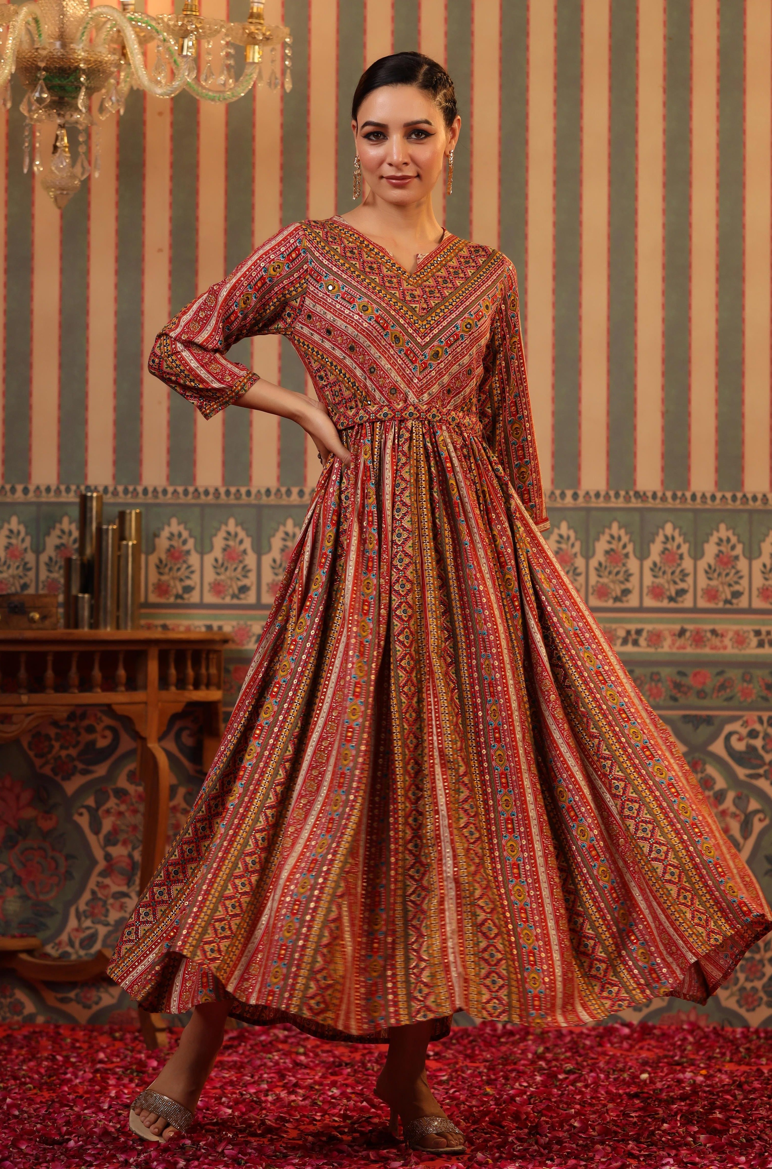 Mustard Rayon Foil Printed Gathered Dress With Belt