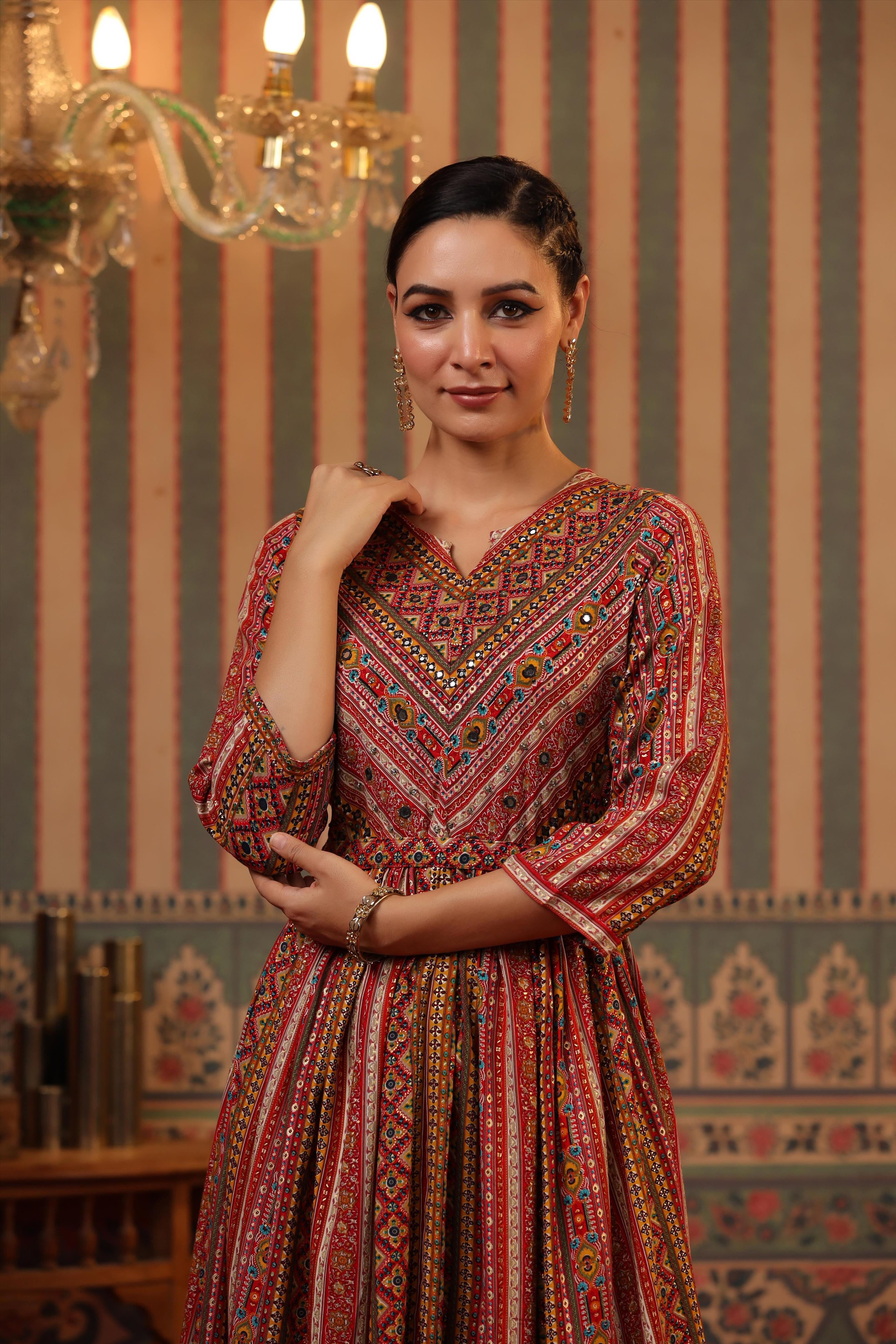 Mustard Rayon Foil Printed Gathered Dress With Belt