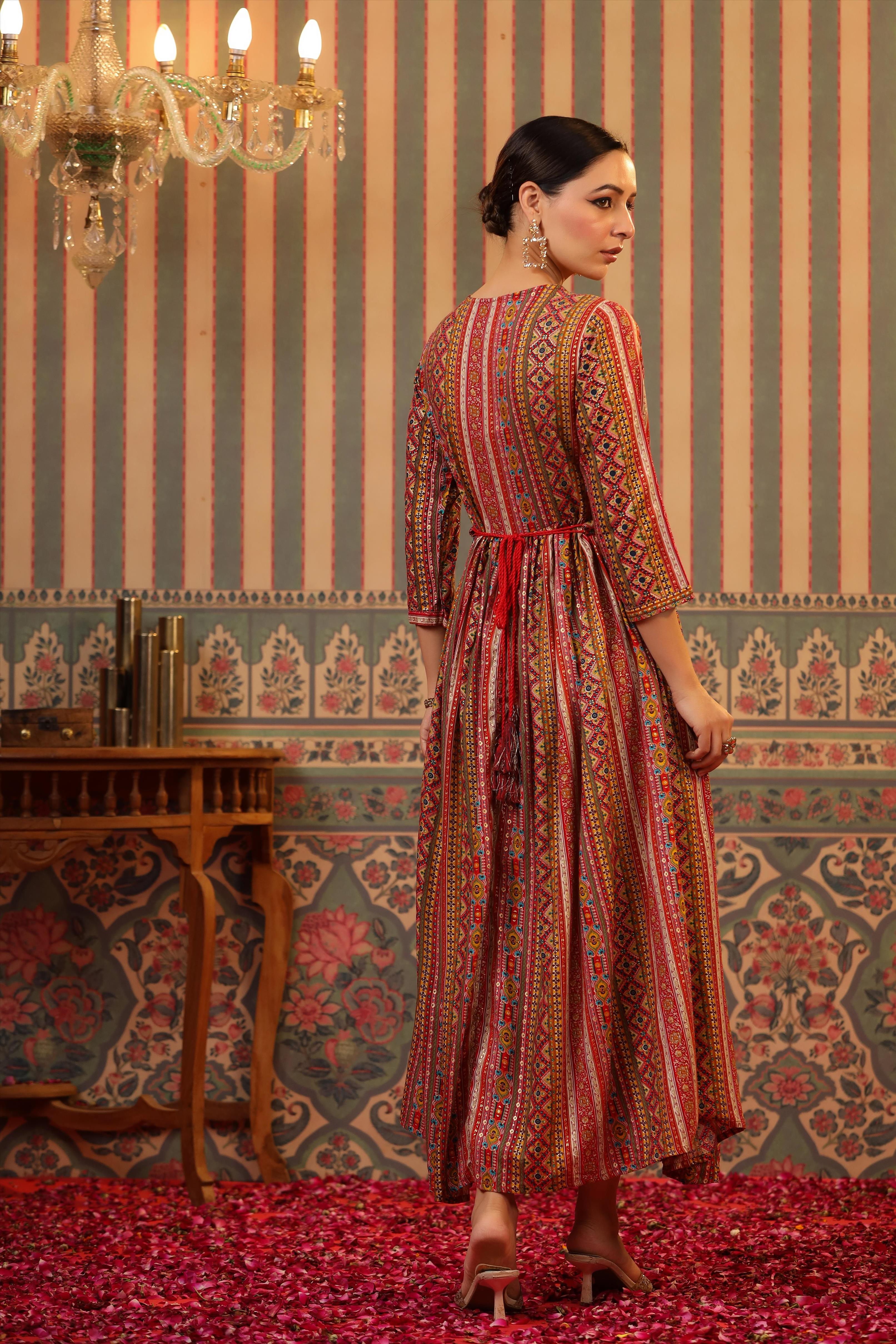 Mustard Rayon Foil Printed Gathered Dress With Belt