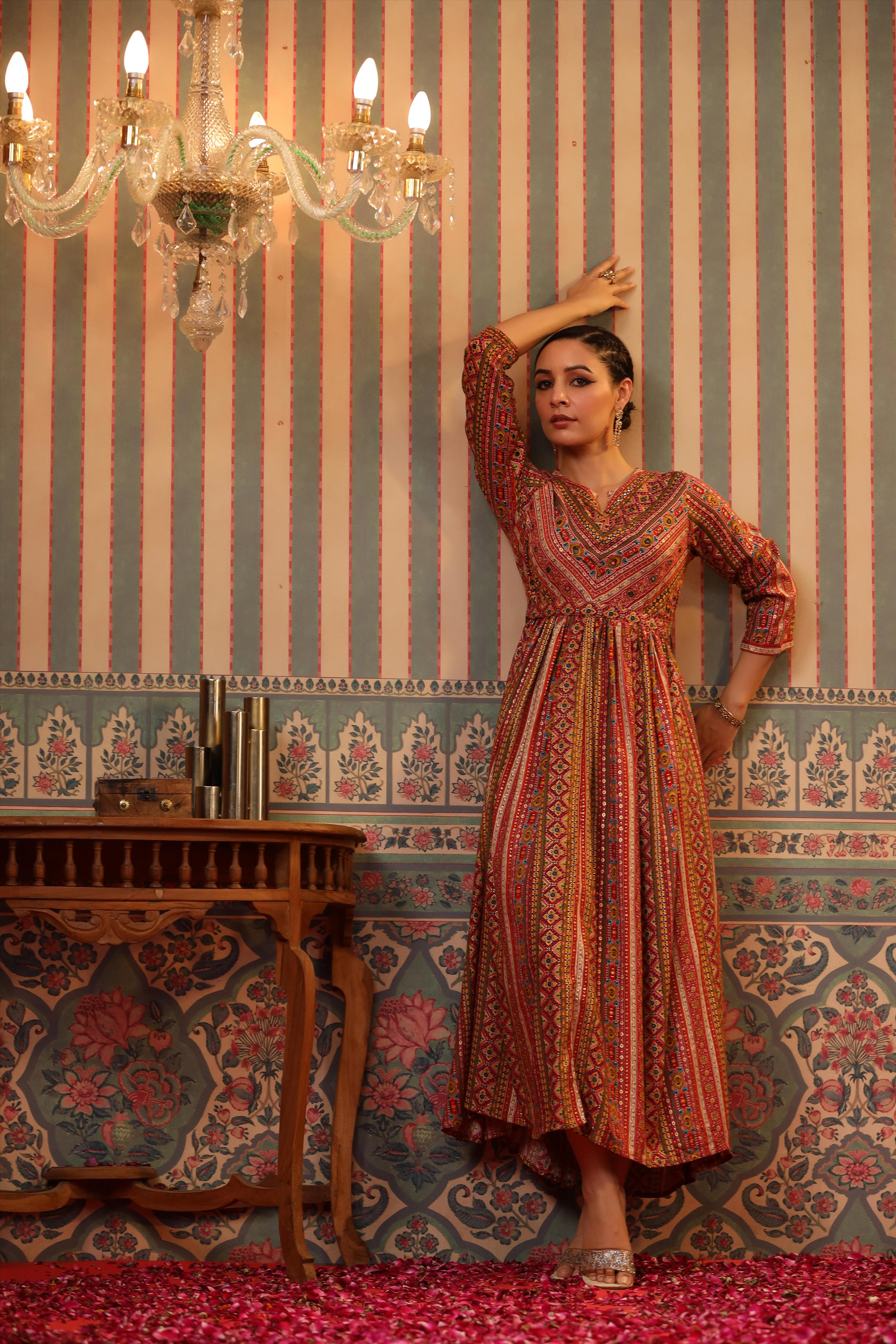 Mustard Rayon Foil Printed Gathered Dress With Belt