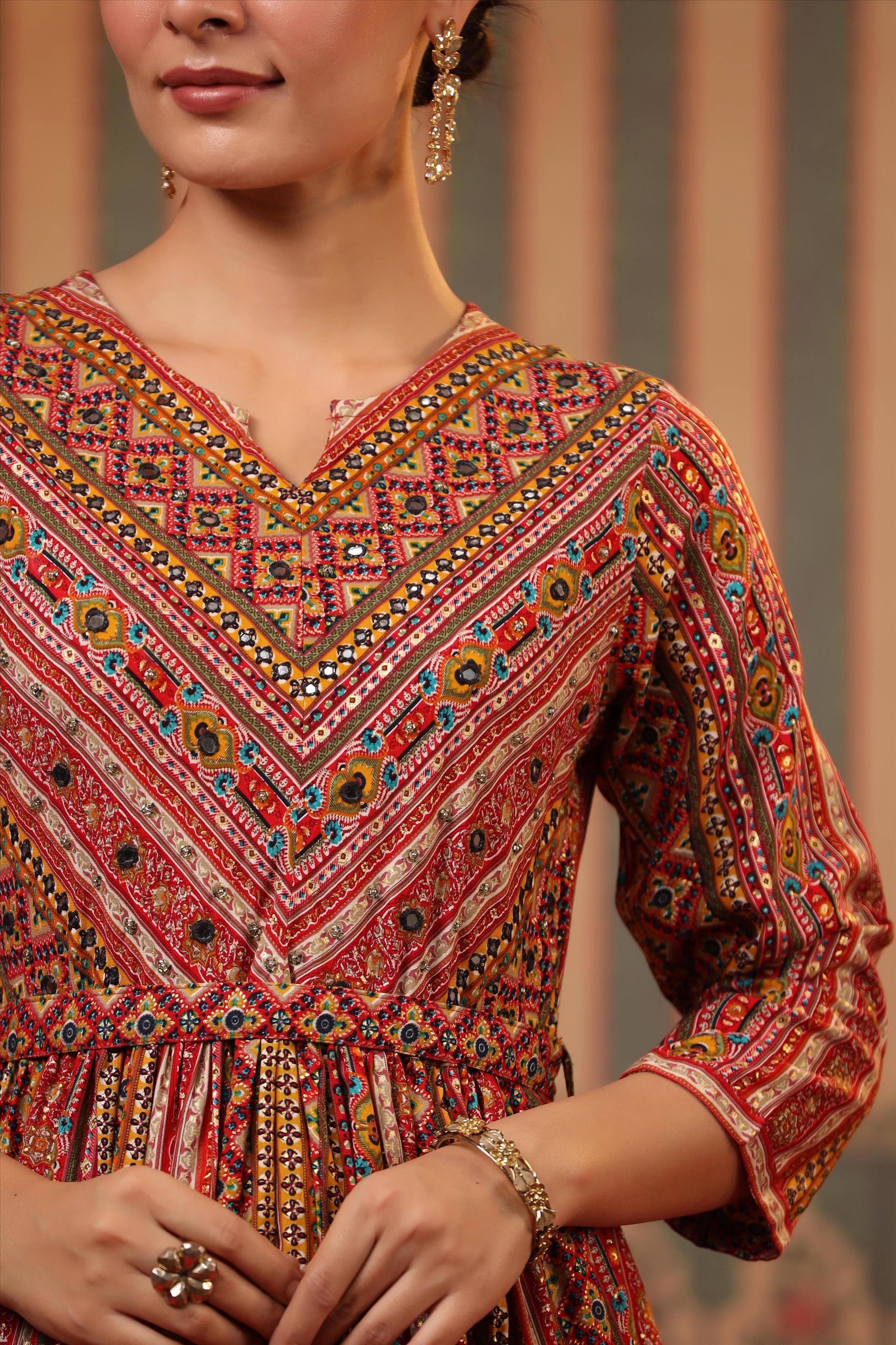 Mustard Rayon Foil Printed Gathered Dress With Belt