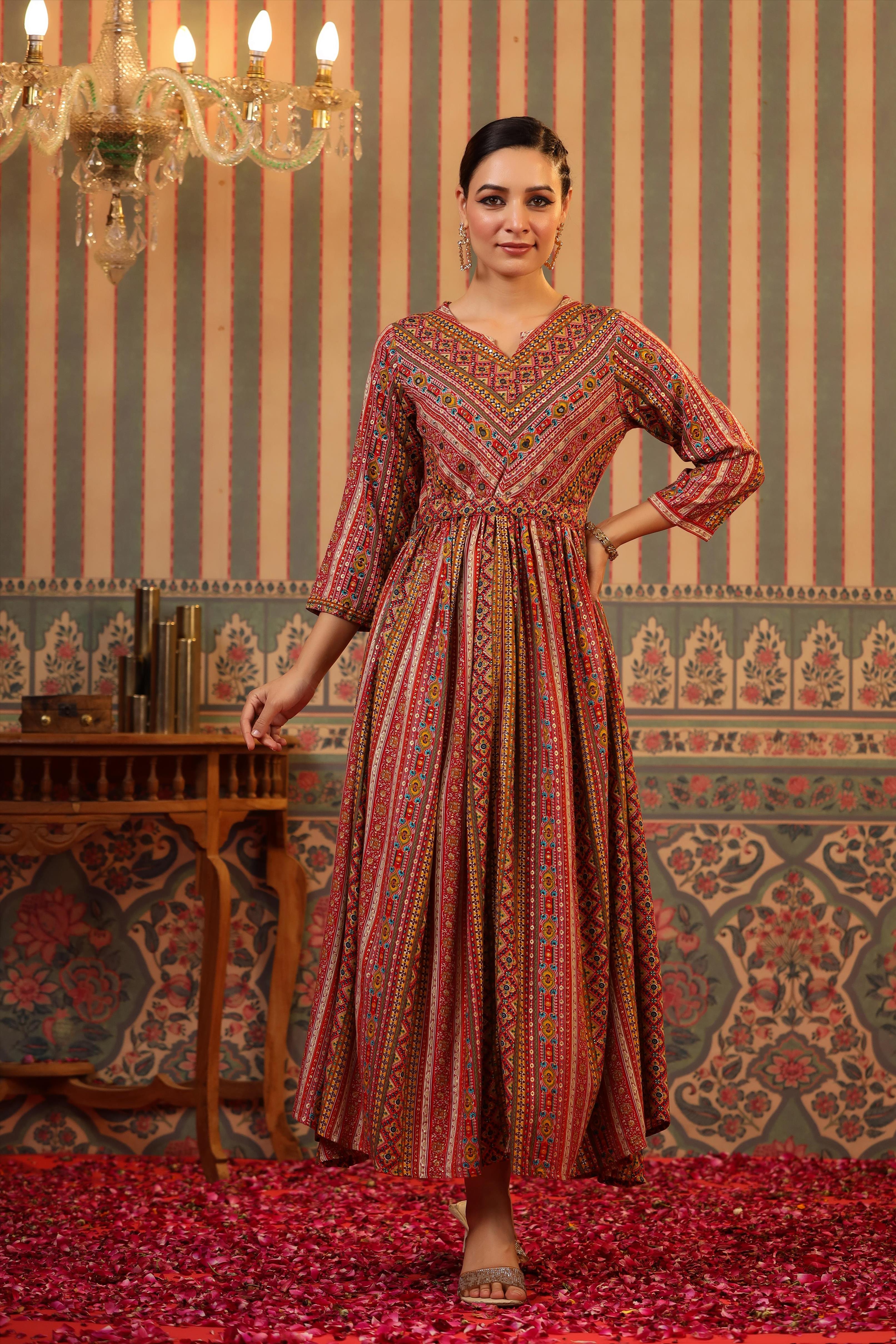 Mustard Rayon Foil Printed Gathered Dress With Belt