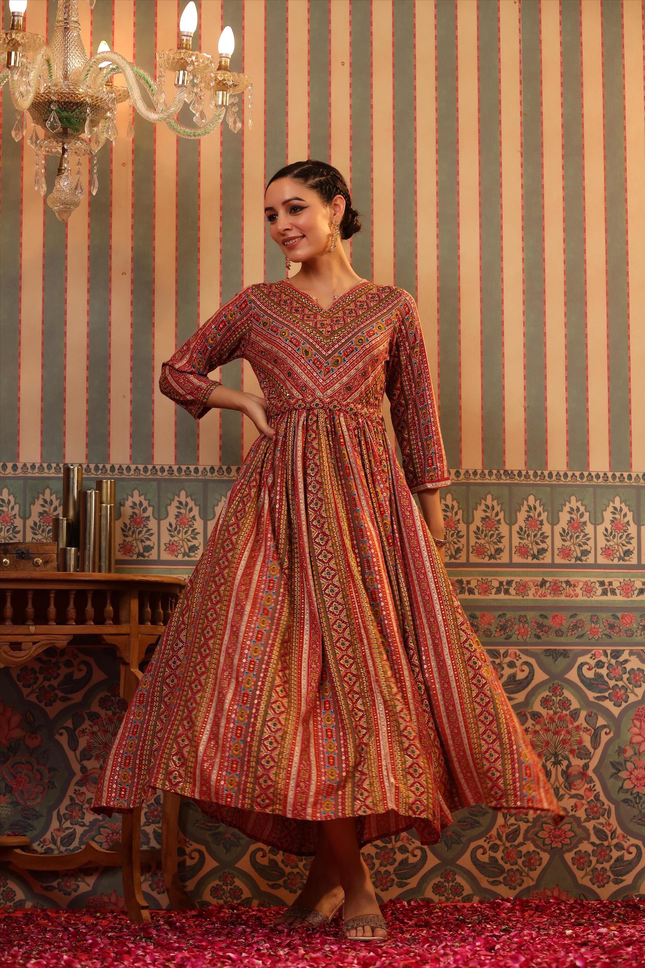 Mustard Rayon Foil Printed Gathered Dress With Belt