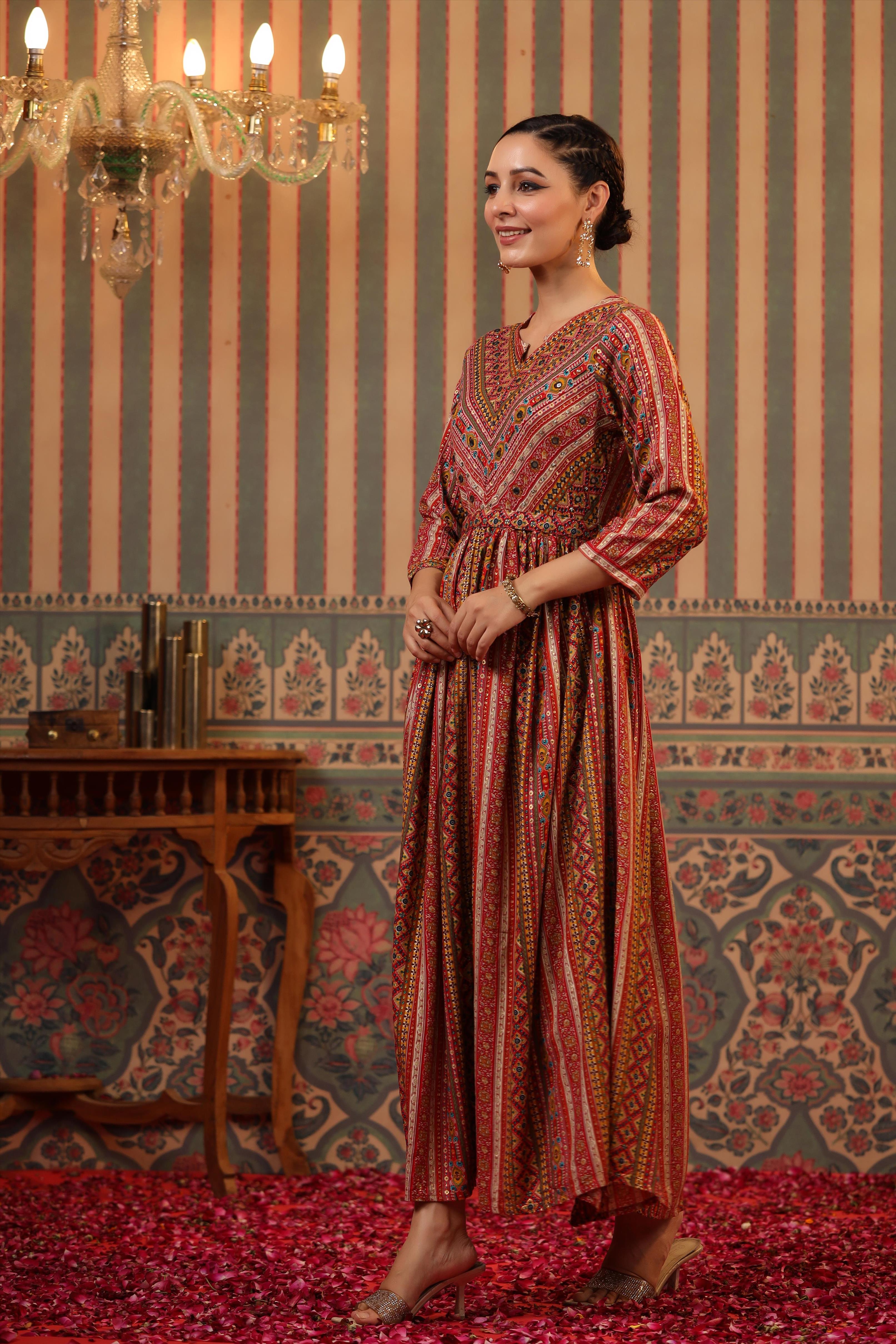 Mustard Rayon Foil Printed Gathered Dress With Belt