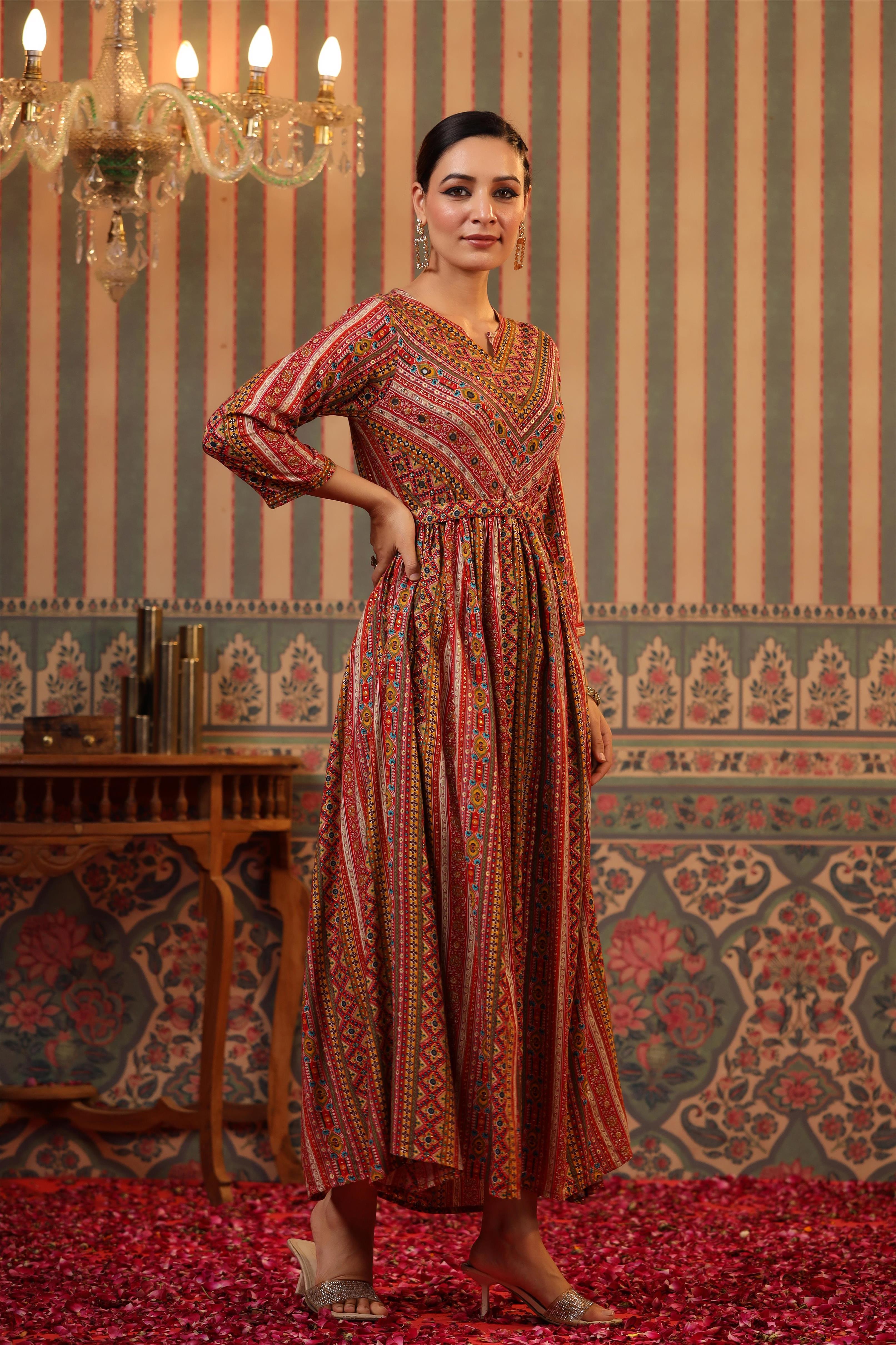 Mustard Rayon Foil Printed Gathered Dress With Belt