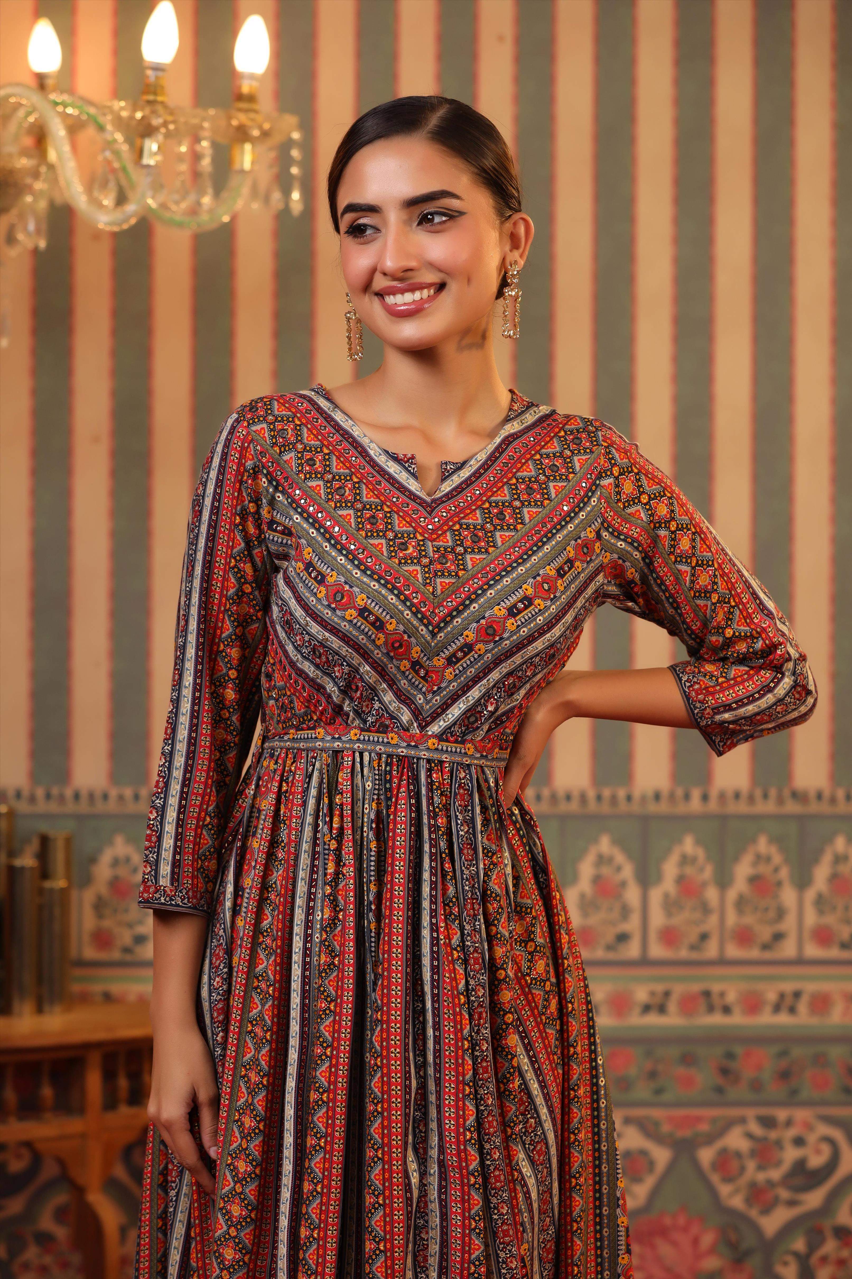 Red Rayon Foil Print Gathered Ethnic Dress With Belt