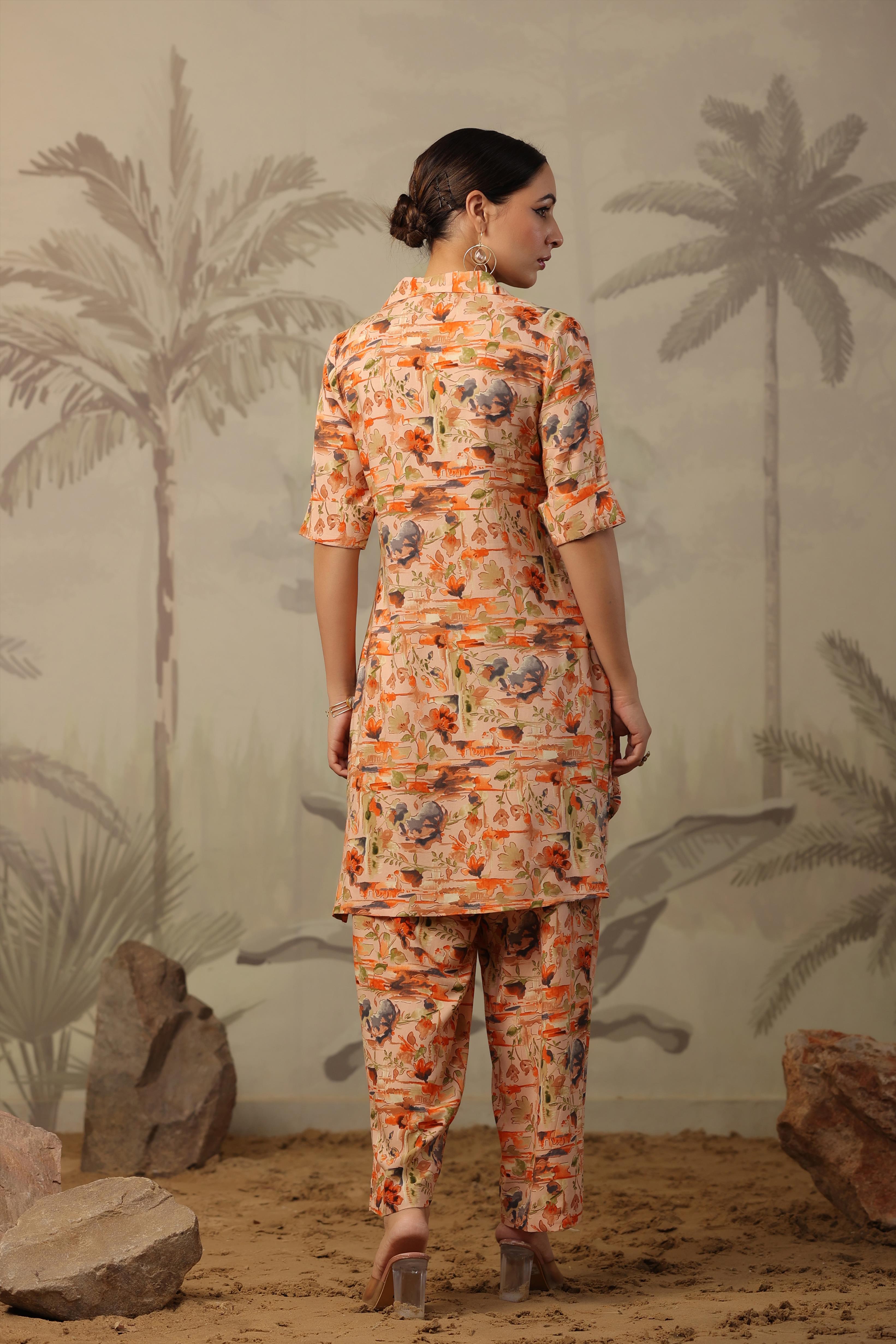 Peach Rayon Abstract Floral Print Co-Ord Set