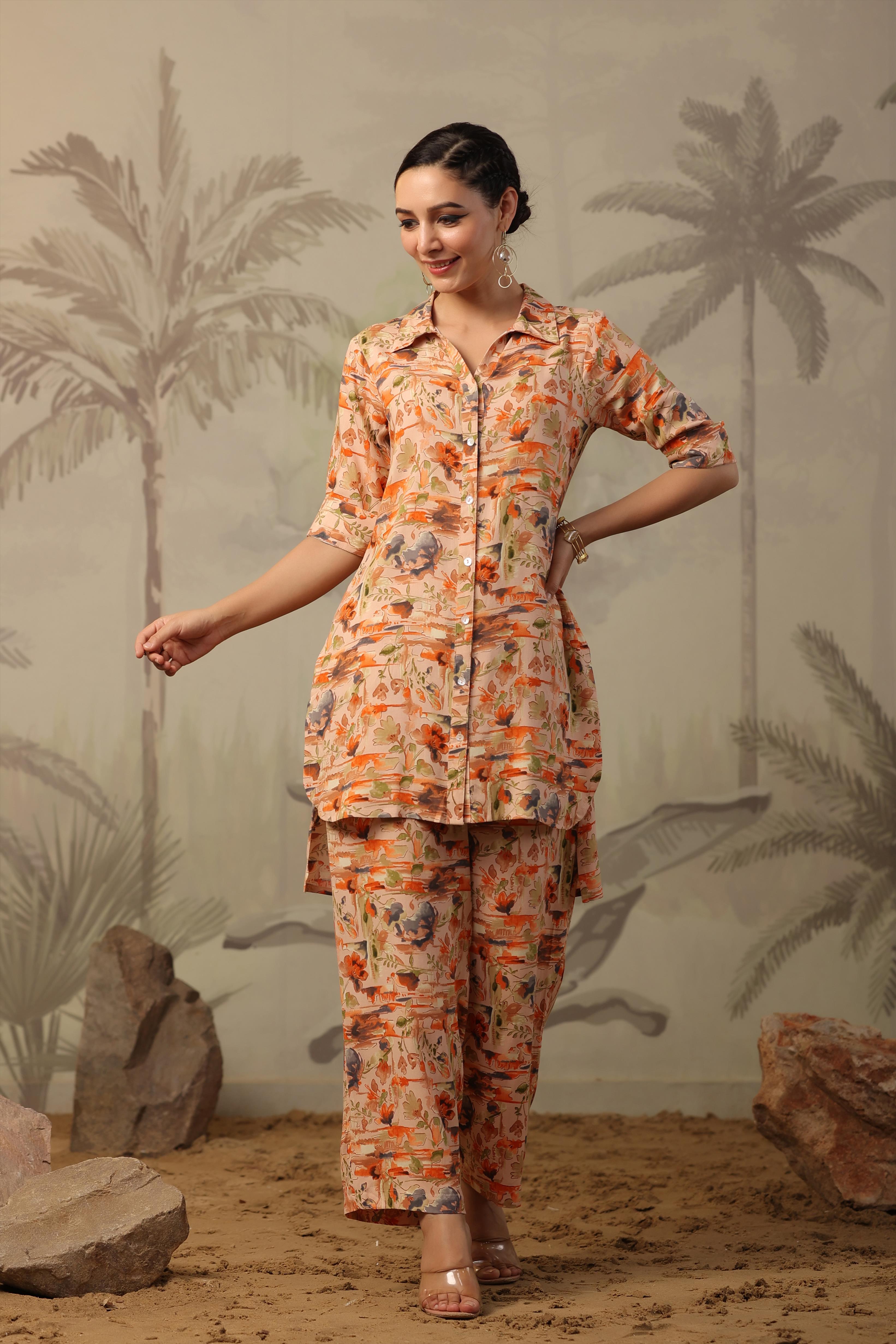 Peach Rayon Floral Printed Co-Ord Set