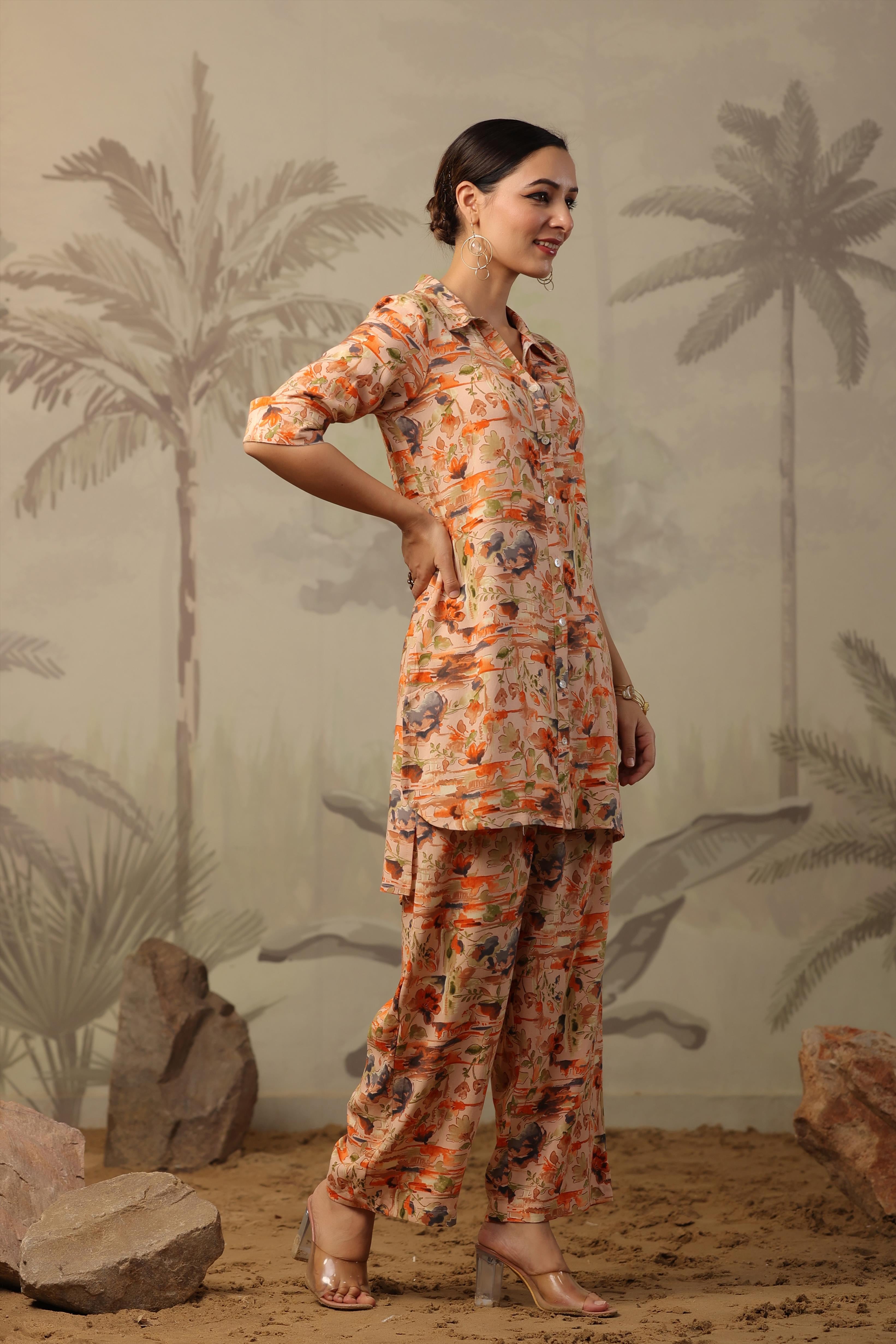 Peach Rayon Abstract Floral Print Co-Ord Set