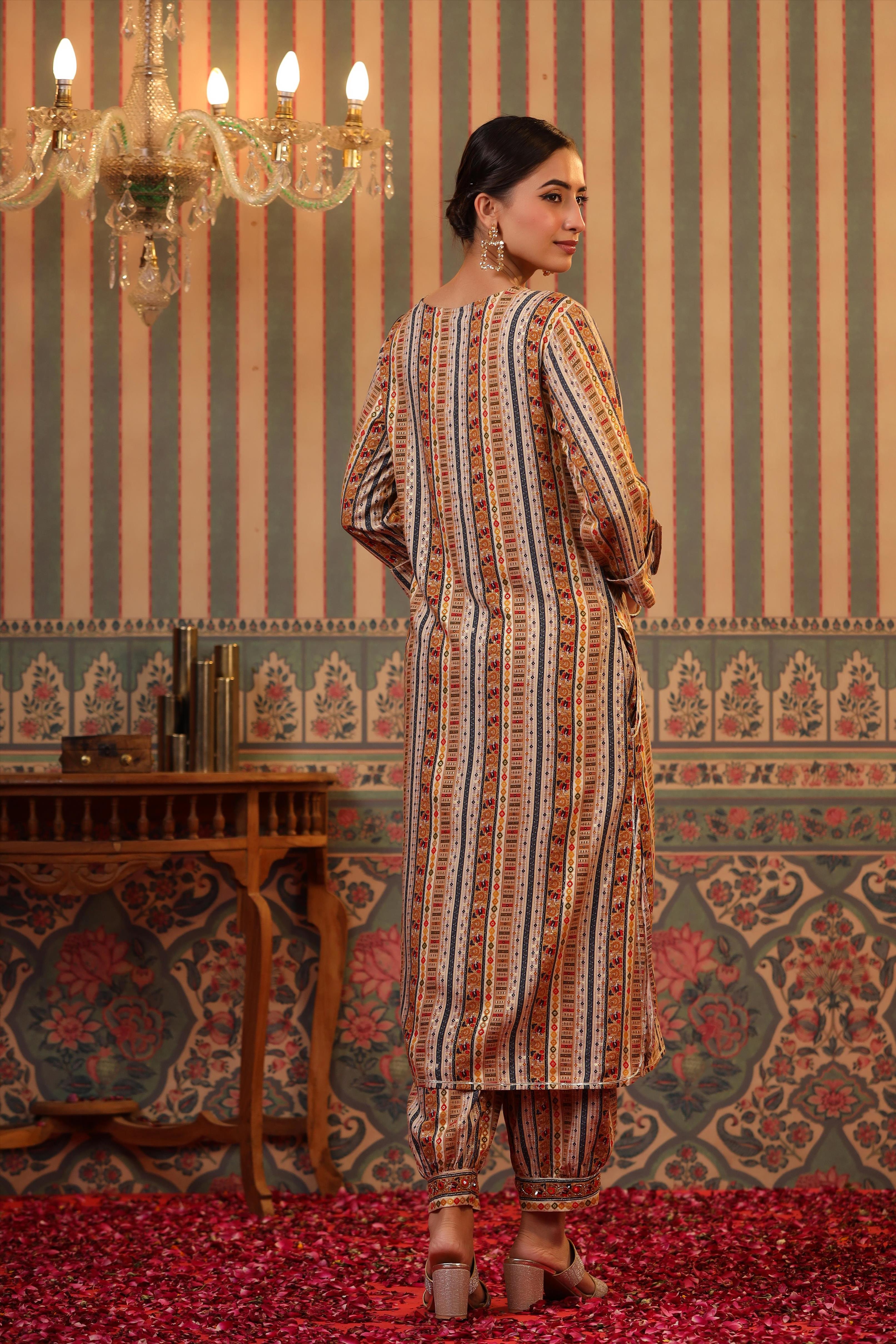 Beige Rayon Foil Print V-Neck Pathani Suit Set (2 Pc)