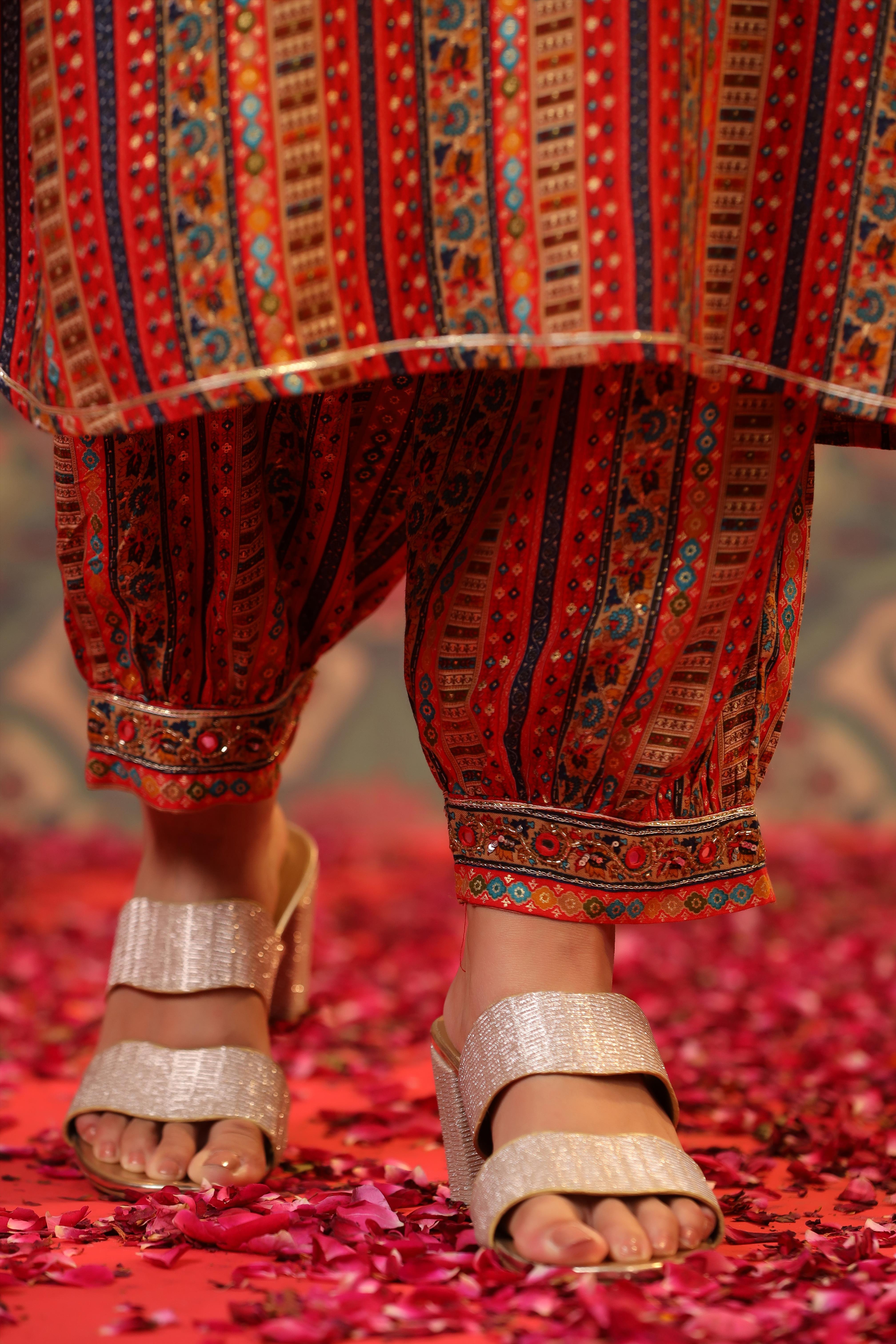 Red Rayon Foil Print V-Neck Pathani Suit Set