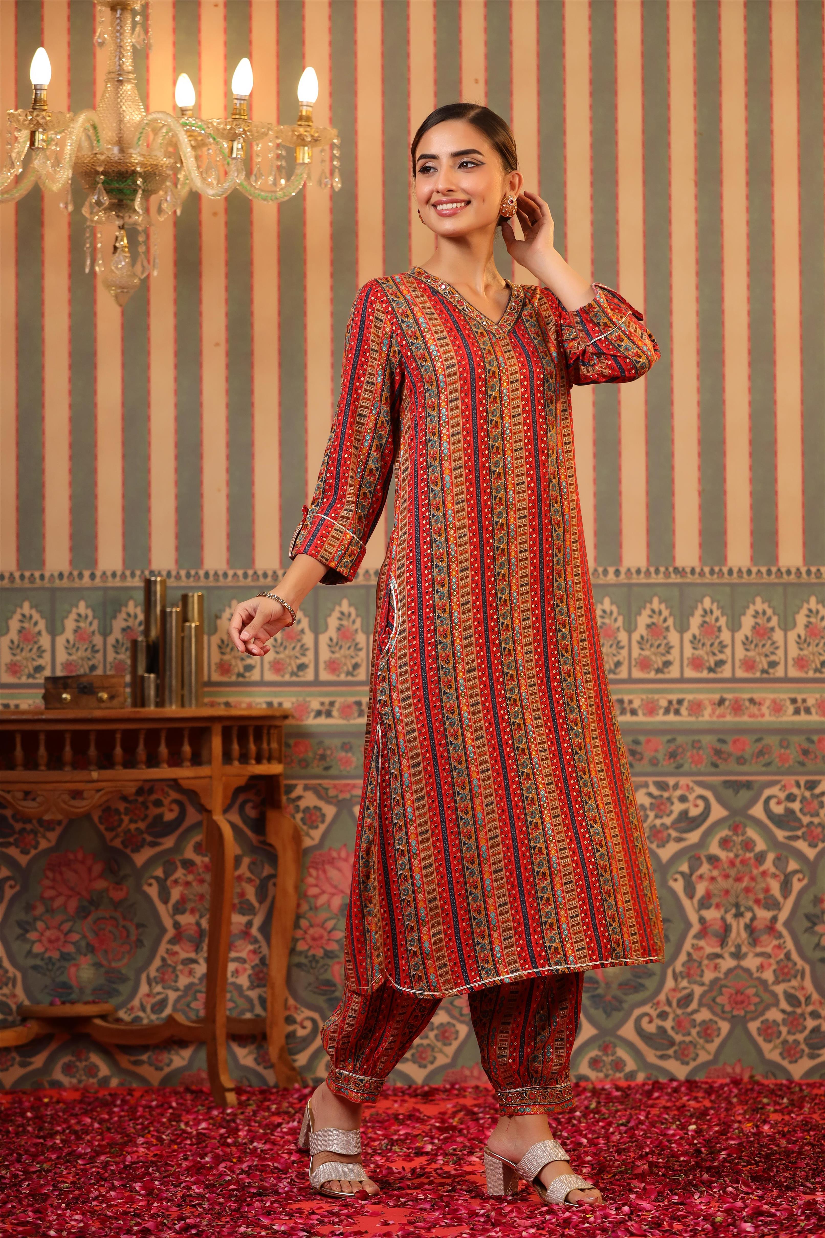 Red Rayon Foil Print V-Neck Pathani Suit Set
