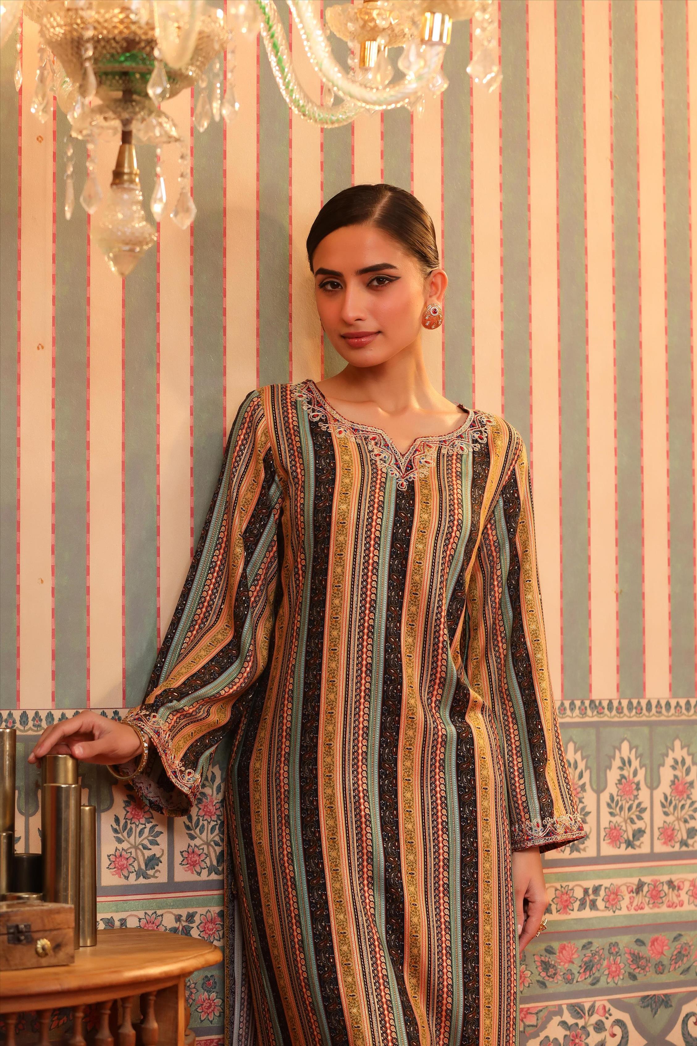 Black Rayon Foil Print Pakistani Kurta With Palazzo