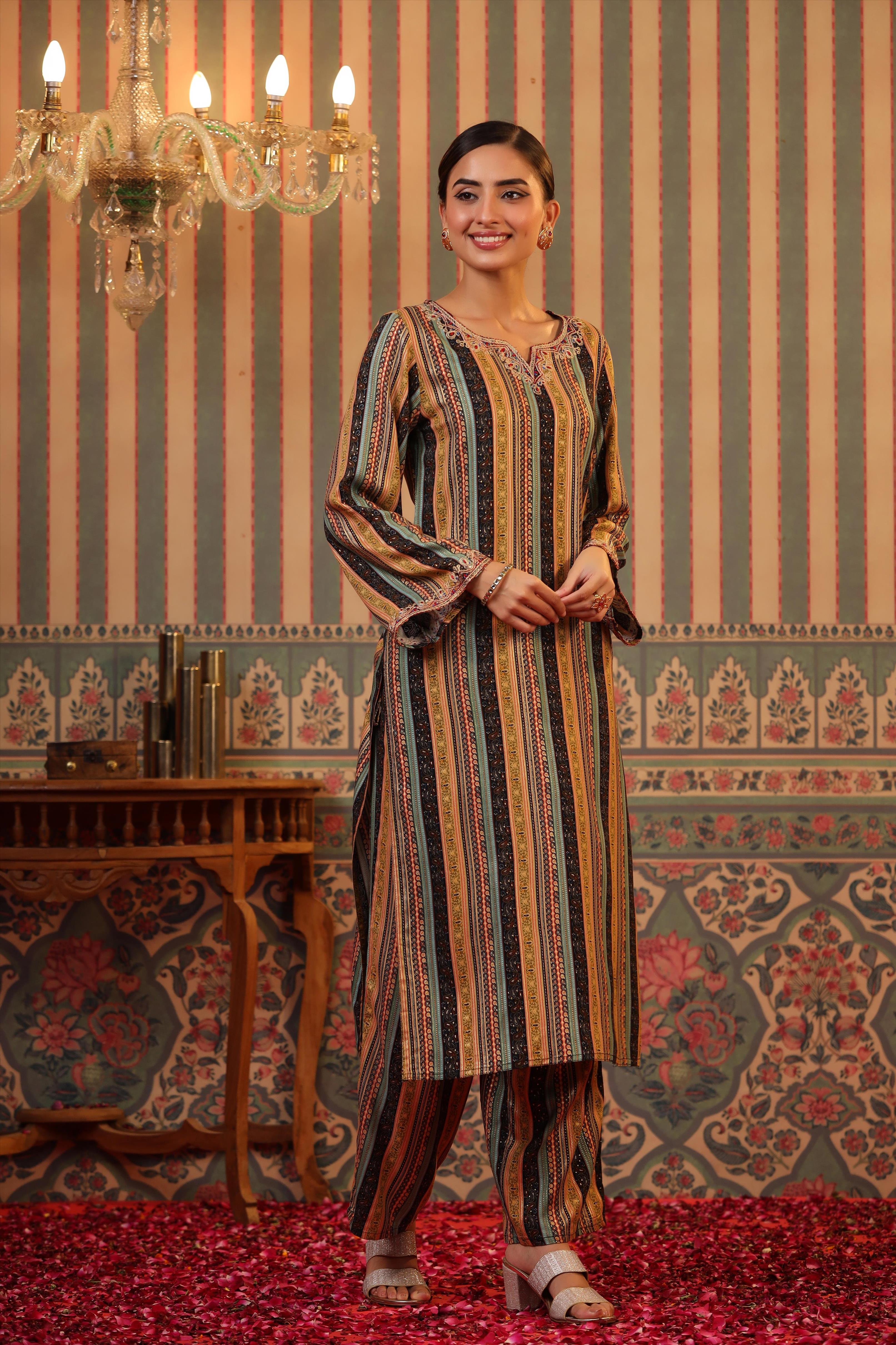Black Rayon Foil Print Pakistani Kurta With Palazzo