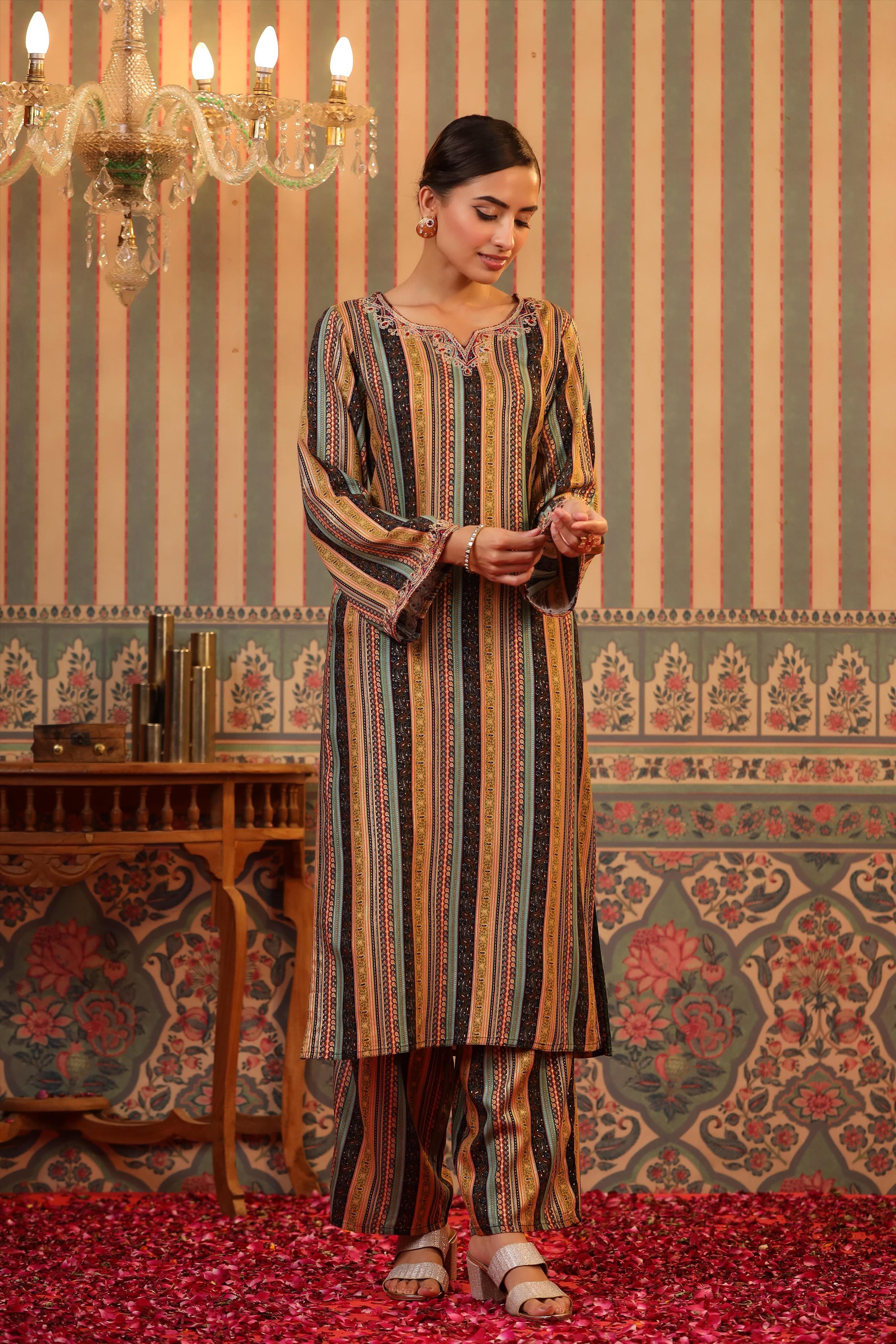 Black Rayon Foil Print Pakistani Kurta With Palazzo