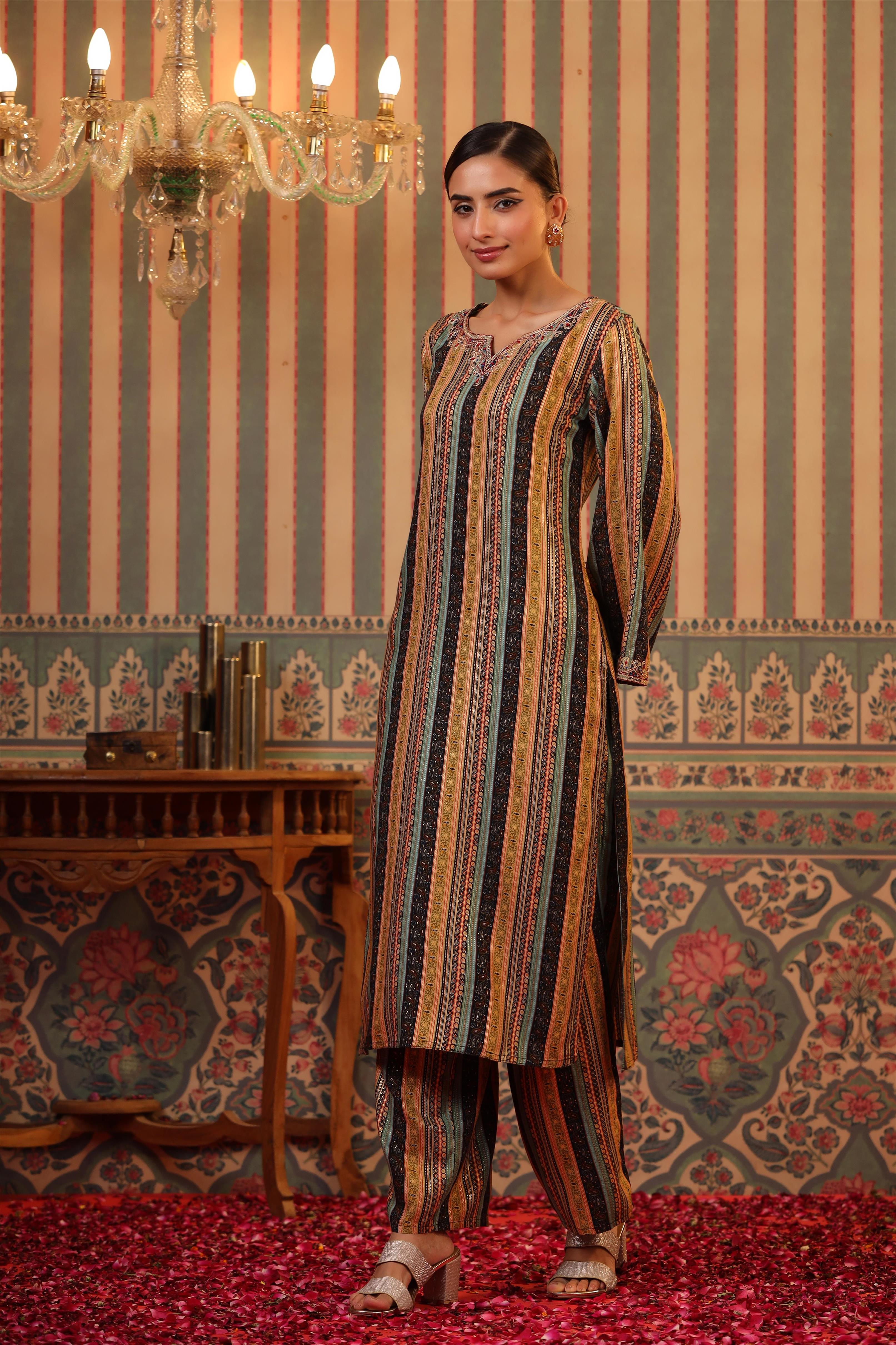Black Rayon Foil Print Pakistani Kurta With Palazzo