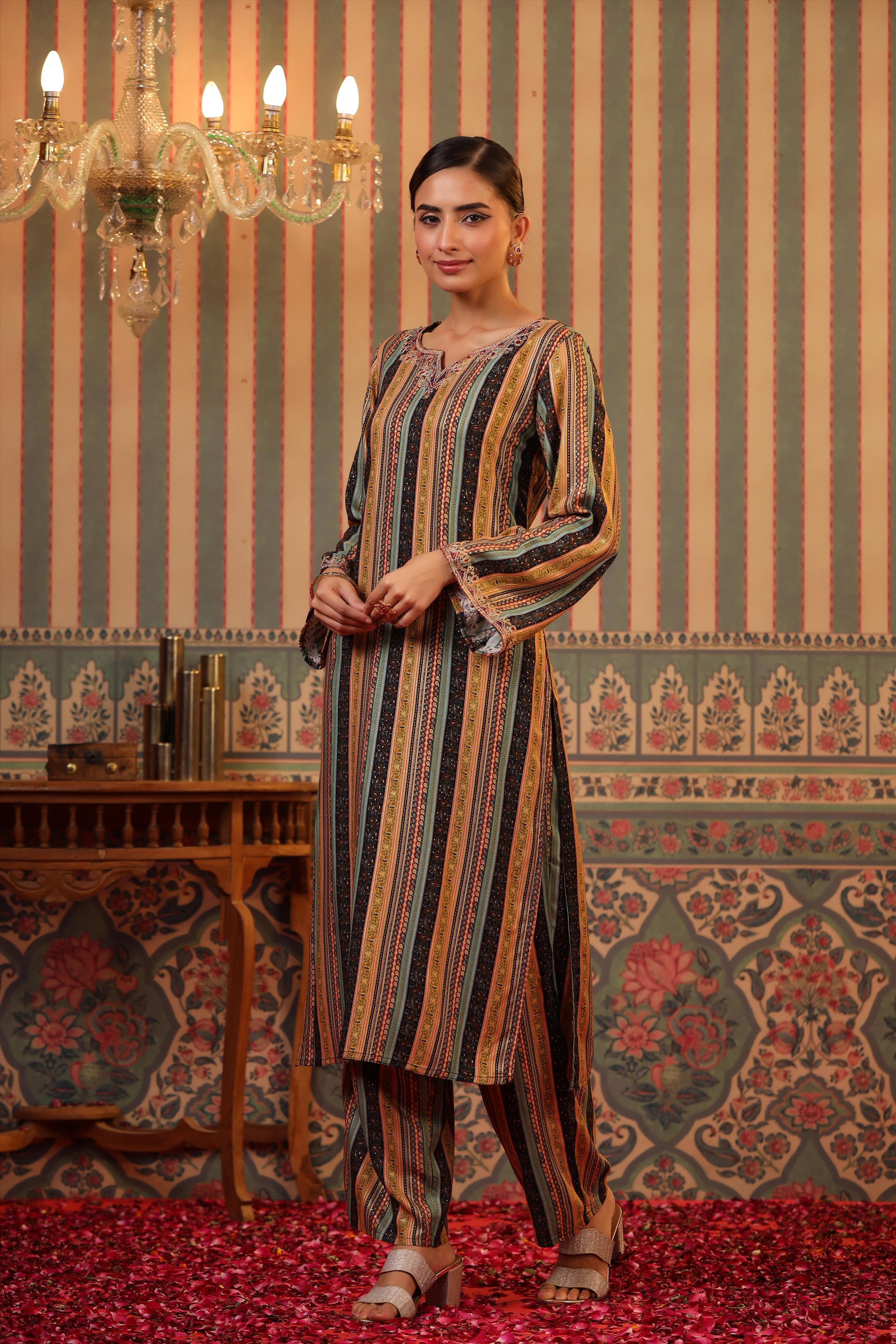 Black Rayon Foil Print Pakistani Kurta With Palazzo