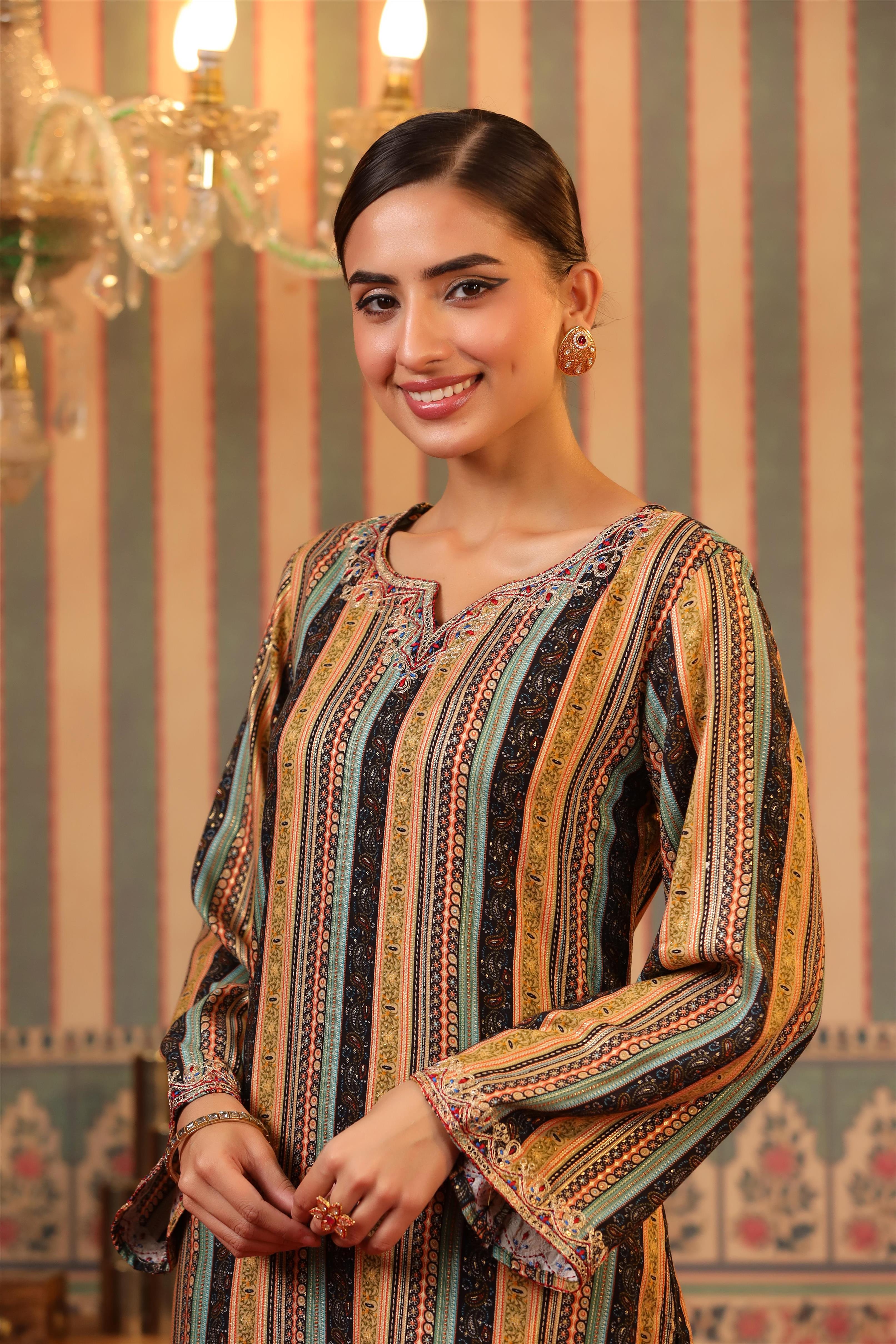 Black Rayon Foil Print Pakistani Kurta With Palazzo