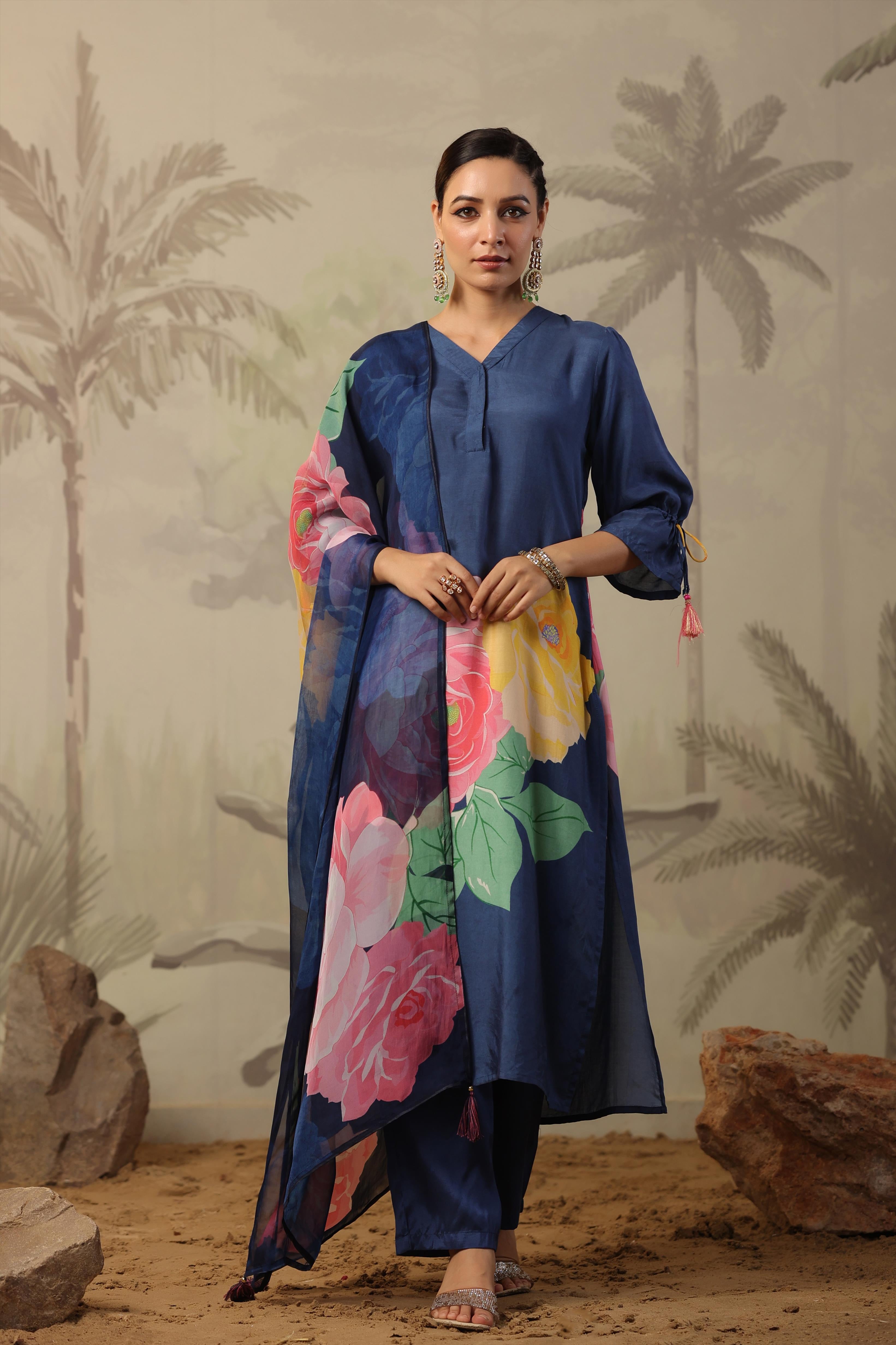 Navy Muslin Silk Floral Print Suit Set
