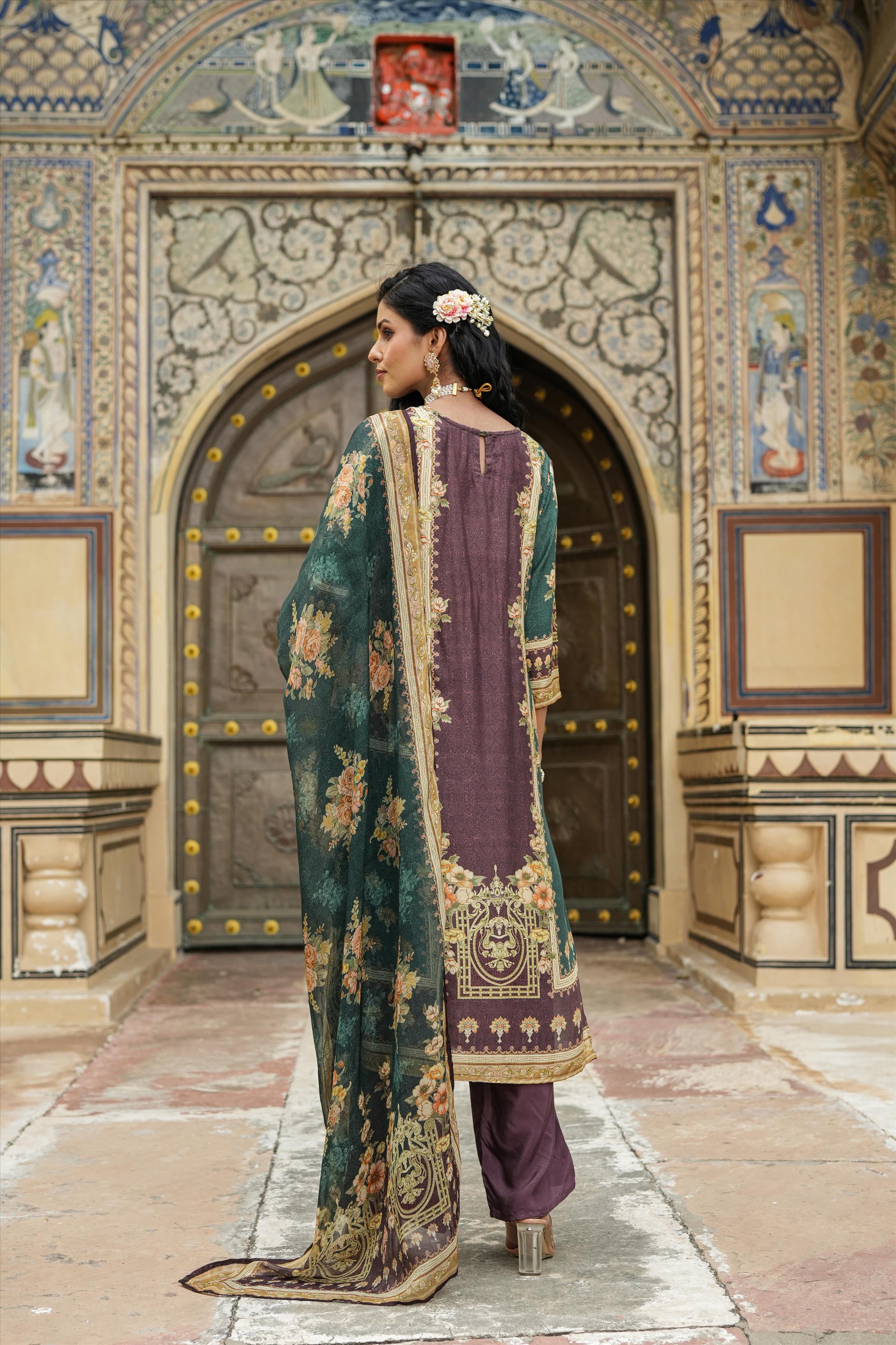 Green Muslin Silk Ajrakh With Floral Printed Suit Set