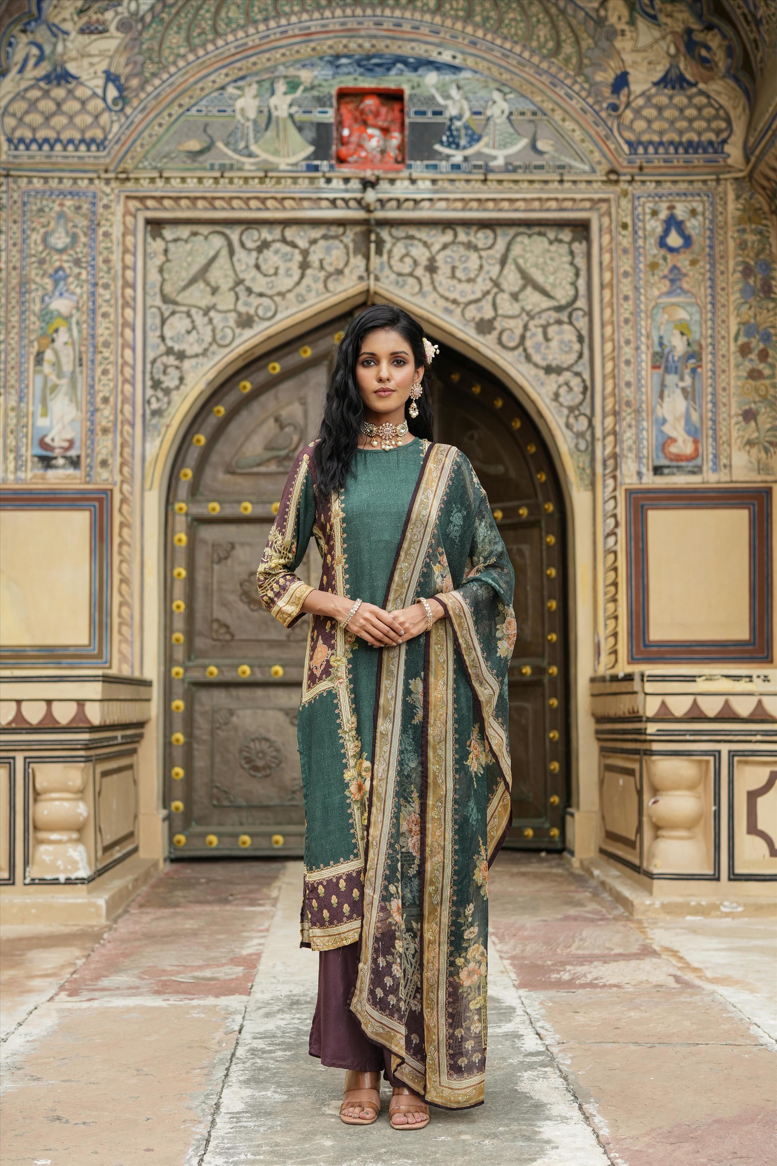 Green Muslin Silk Ajrakh With Floral Printed Suit Set