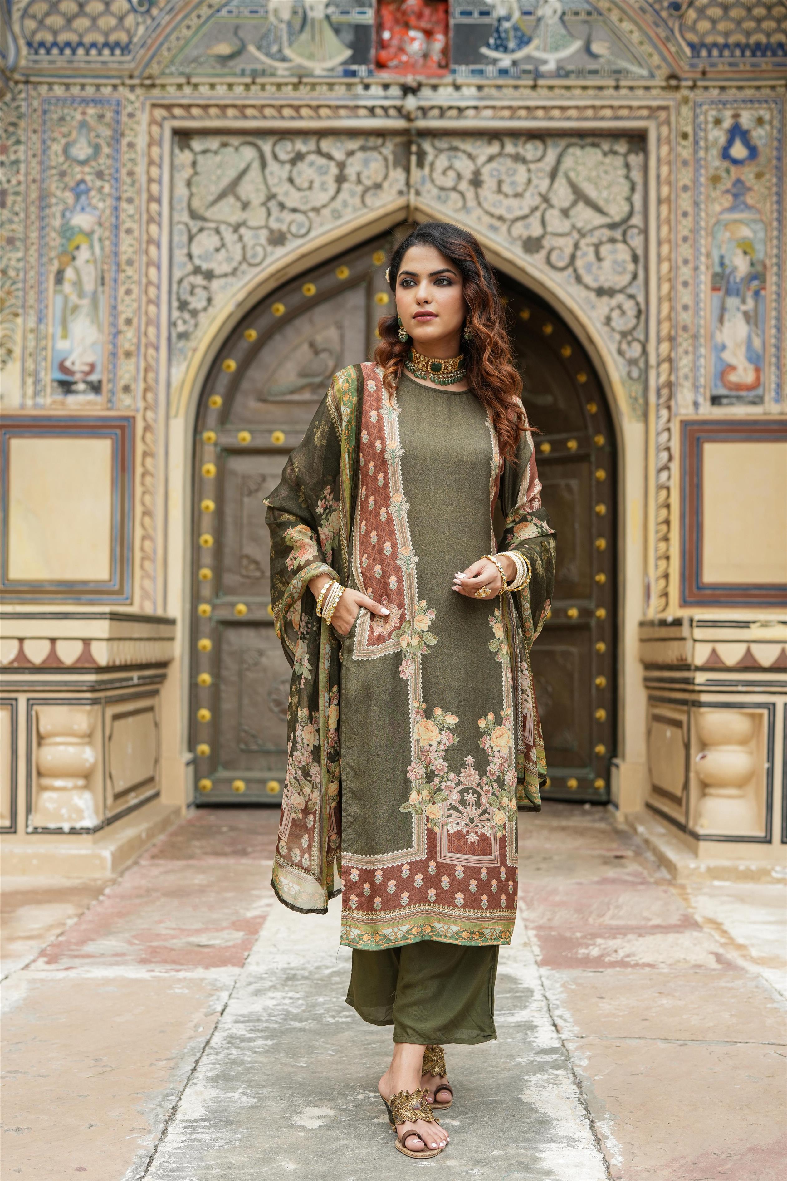 Green Muslin Silk Ajrakh With Floral Print Suit Set