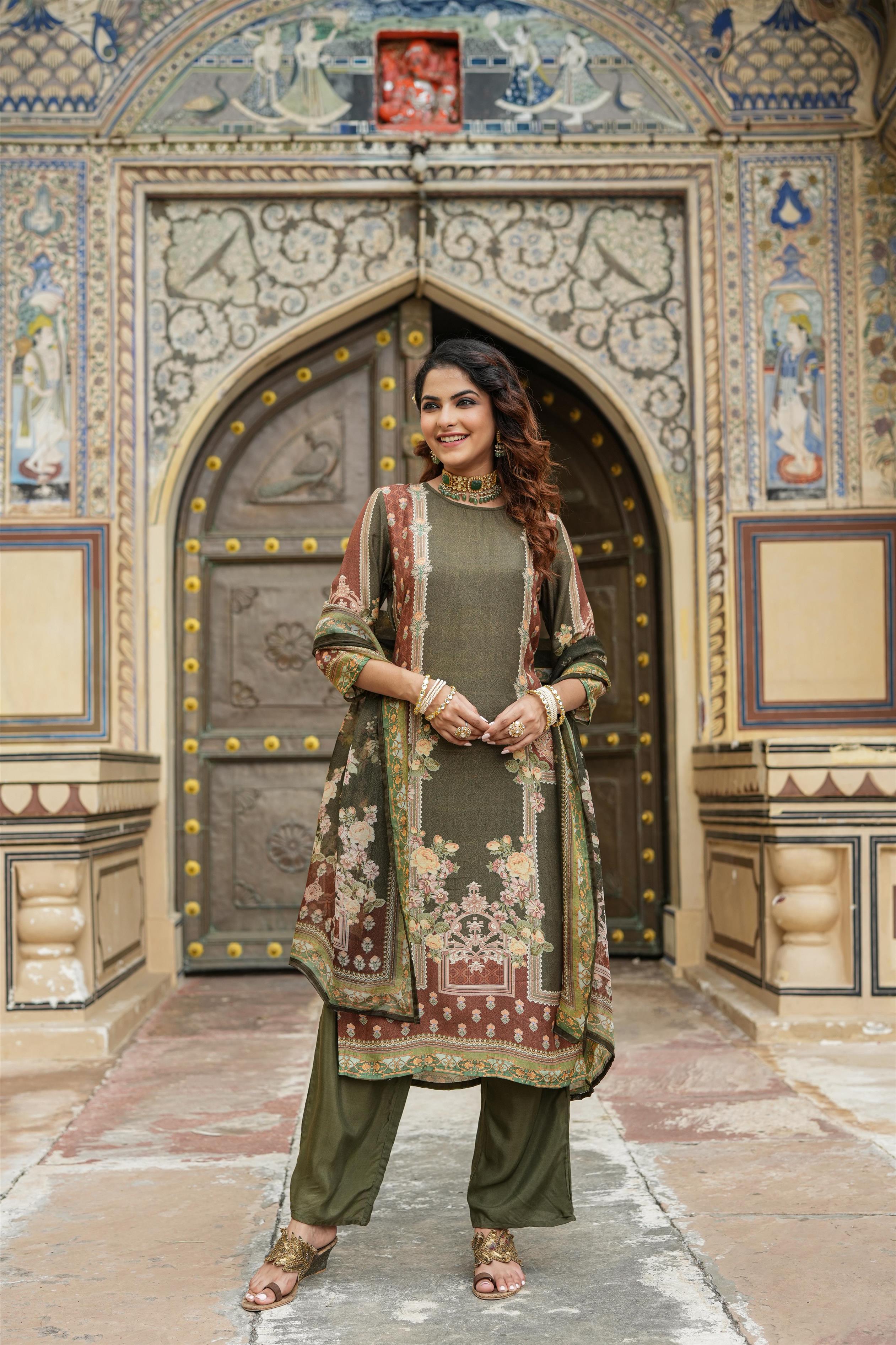 Green Muslin Silk Ajrakh With Floral Print Suit Set