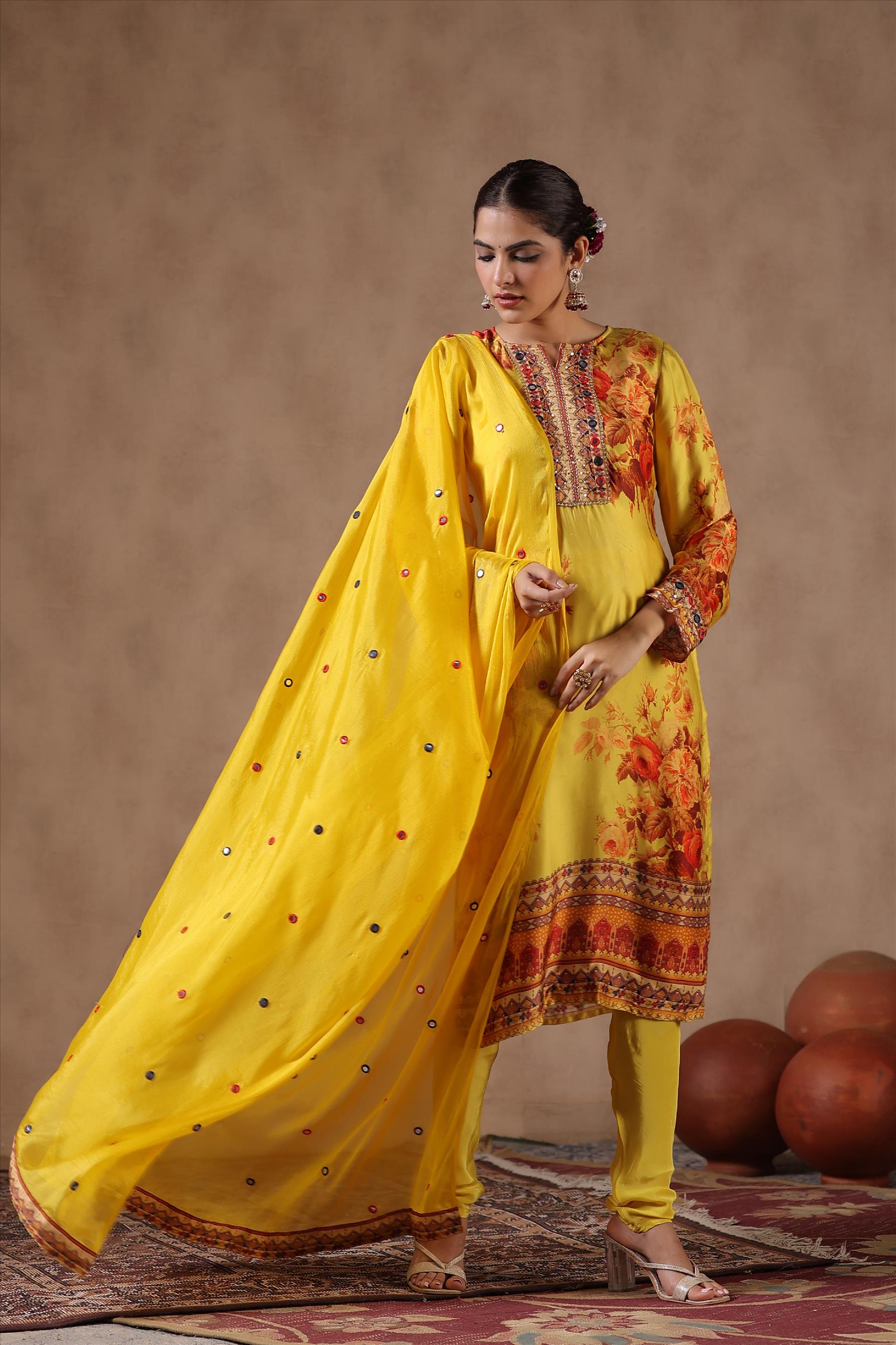 Yellow Satin Floral Print And Mirror Work Kurta With Churidar with Dupatta