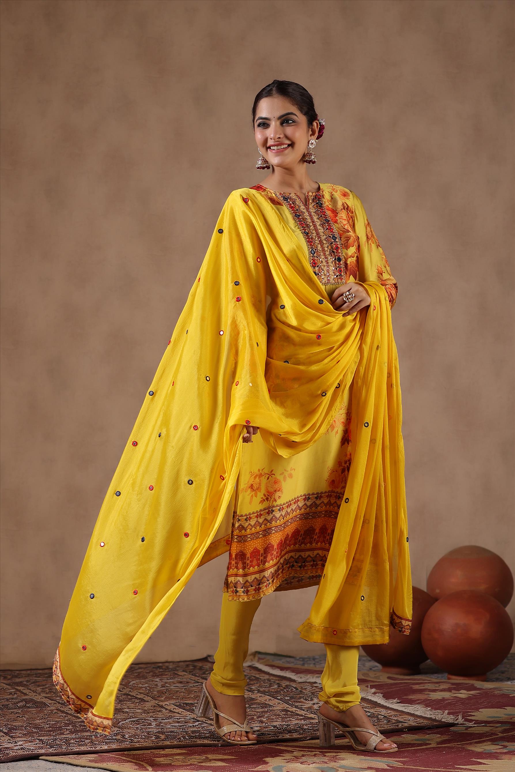 Yellow Satin Floral Print And Mirror Work Kurta With Churidar with Dupatta
