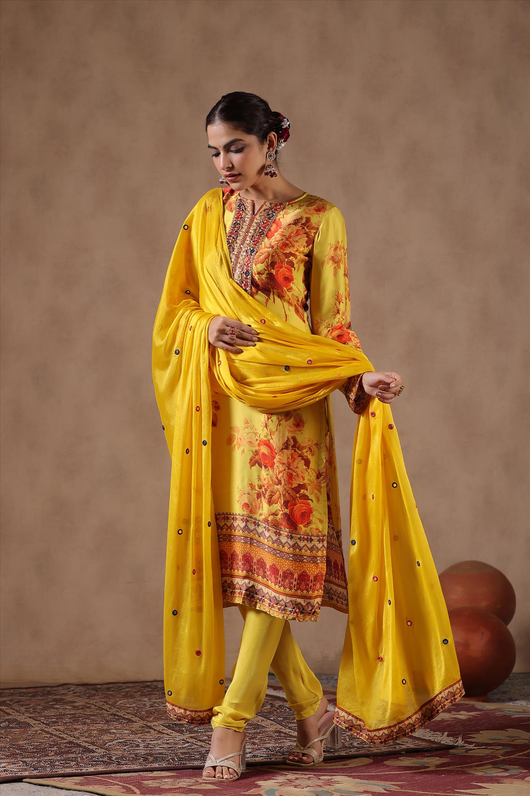 Yellow Chinon Silk Floral Churidar Suit Set